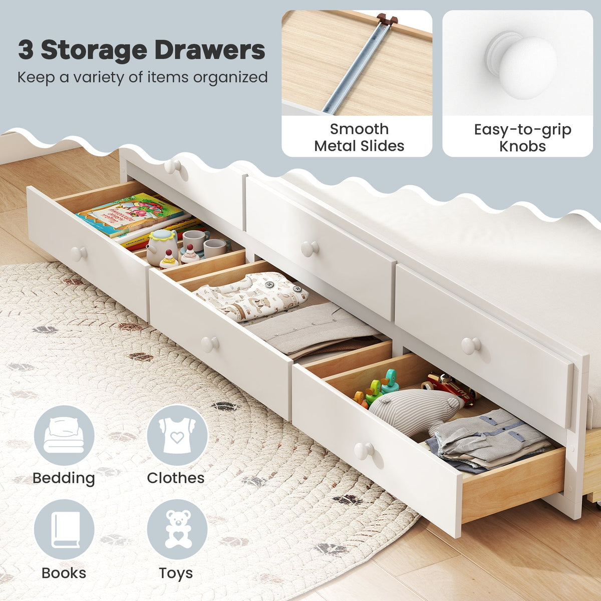 Full Size Bed Frame with Twin Trundle and 3 Storage Drawers for Teens Adults-White