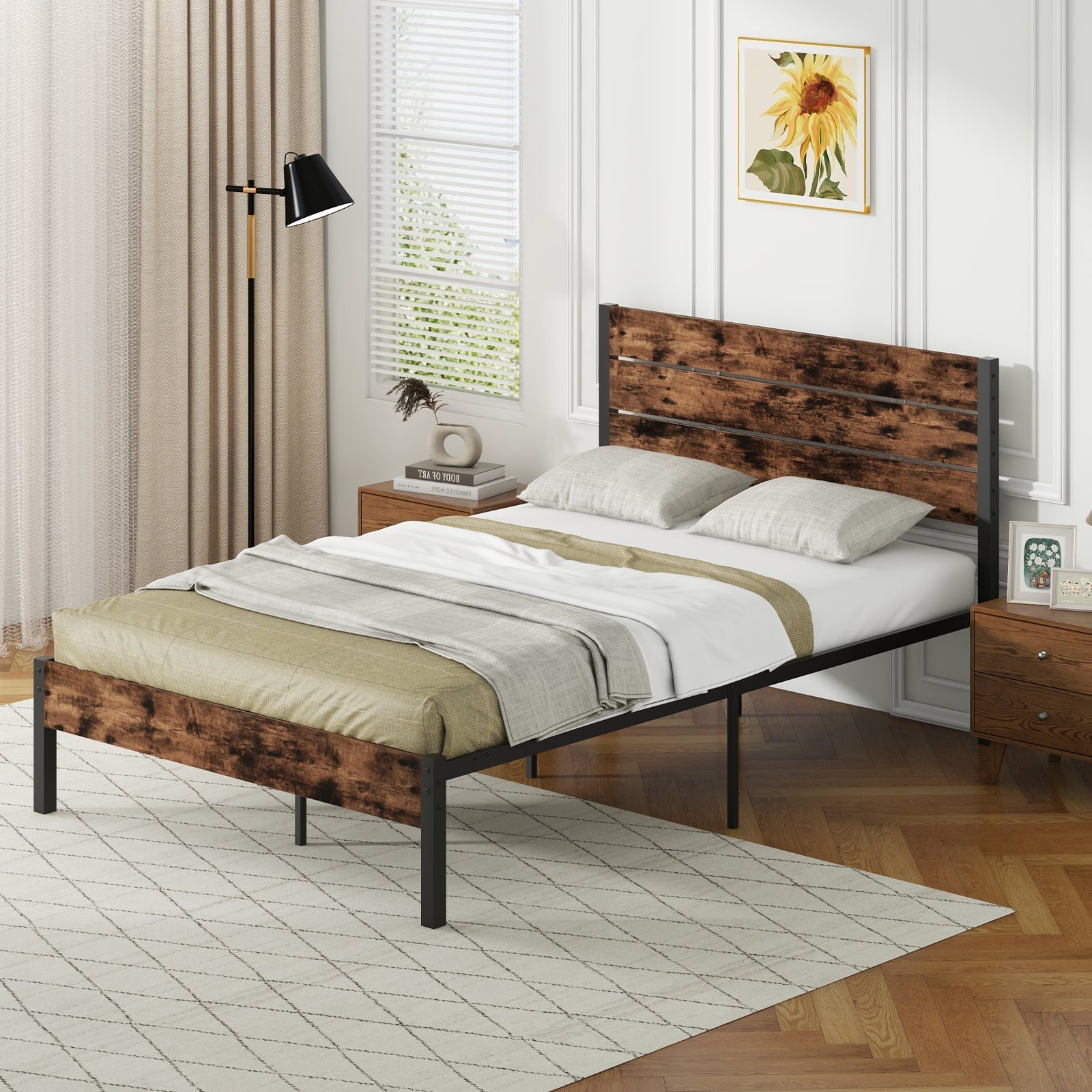 Full/King/Queen/Twin Size Bed Frame with High Headboard and Mute Bar