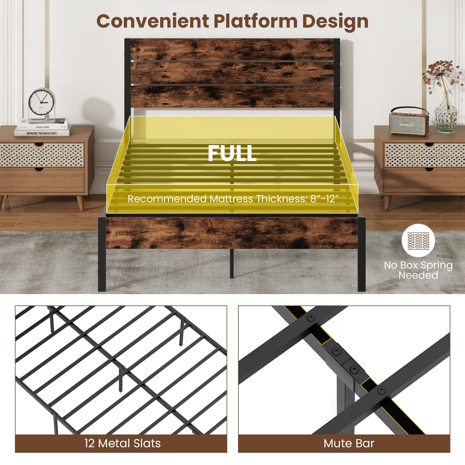 Full/King/Queen/Twin Size Bed Frame with High Headboard and Mute Bar
