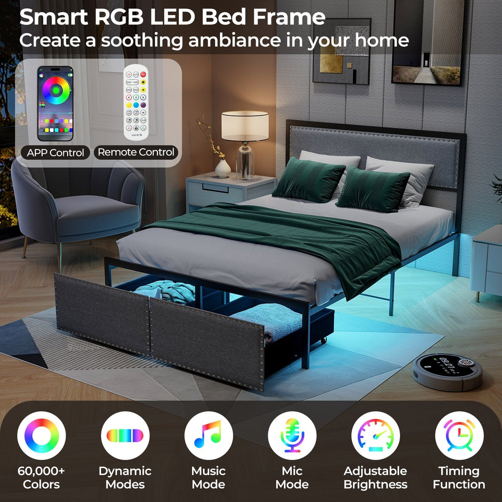 Full/Queen/Twin Size Bed Frame with LED Lights Drawer and Metal Slats
