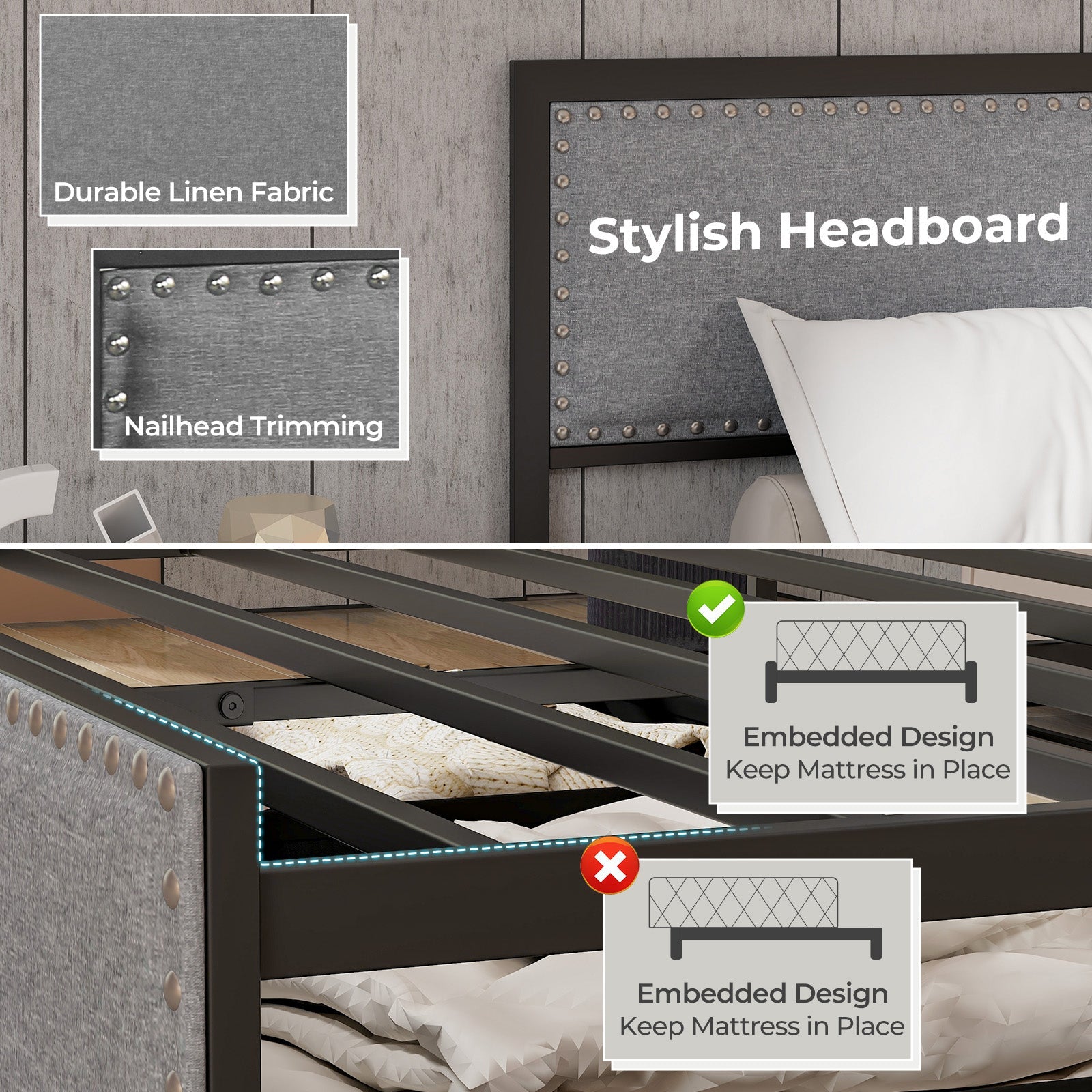 Full/Queen/Twin Size Bed Frame with LED Lights Drawer and Metal Slats