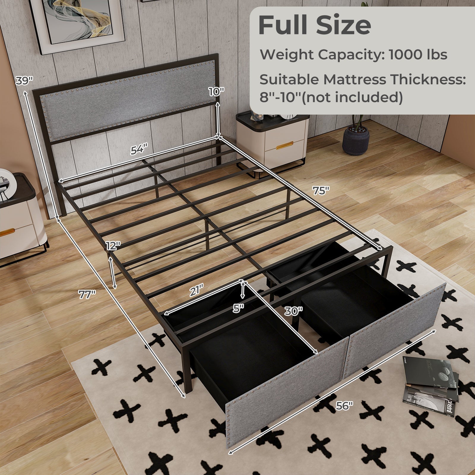 Full/Queen/Twin Size Bed Frame with LED Lights Drawer and Metal Slats