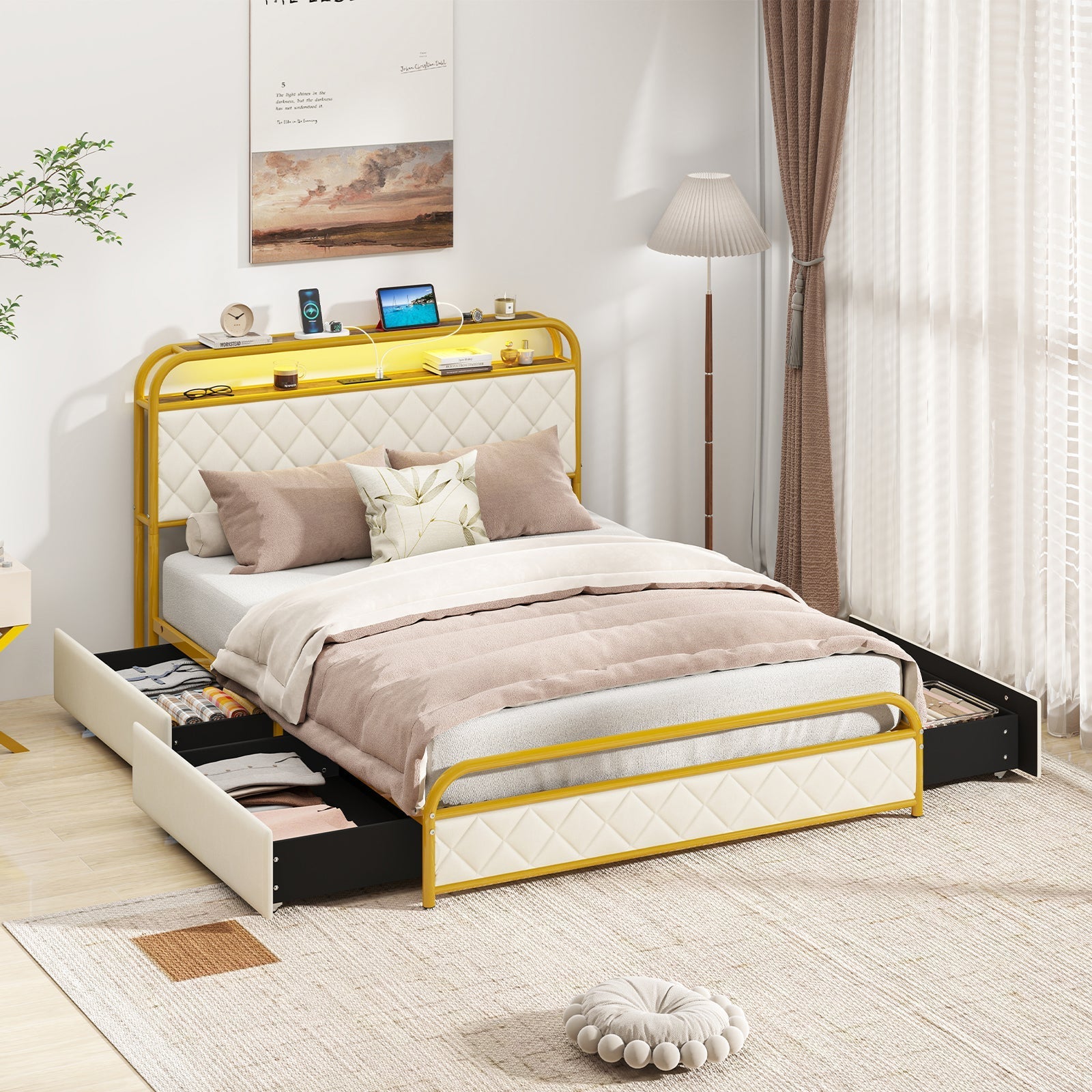 Twin/Full/Queen Size Bed Frame with LED Lights and Charging Station Gold