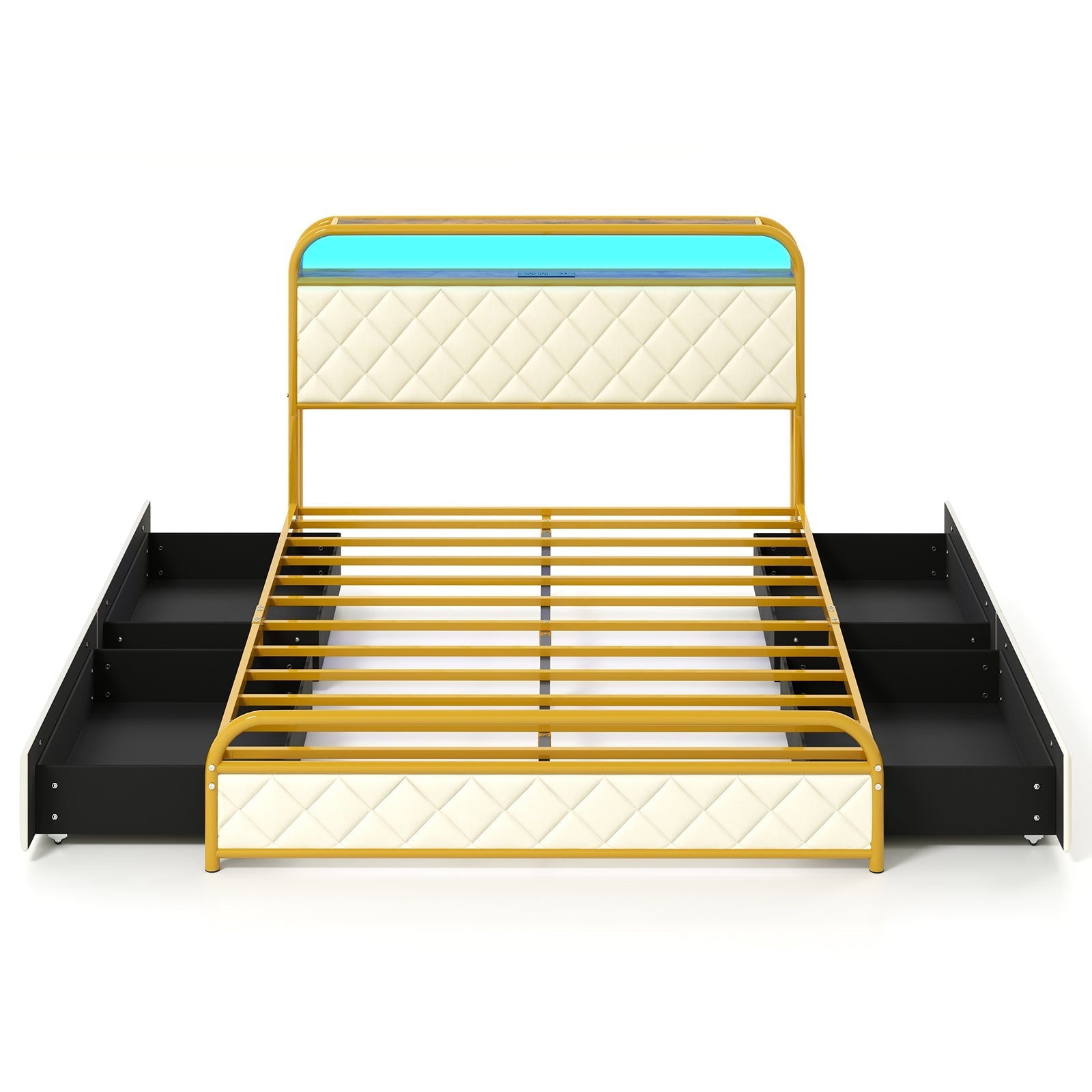 Twin/Full/Queen Size Bed Frame with LED Lights and Charging Station Gold