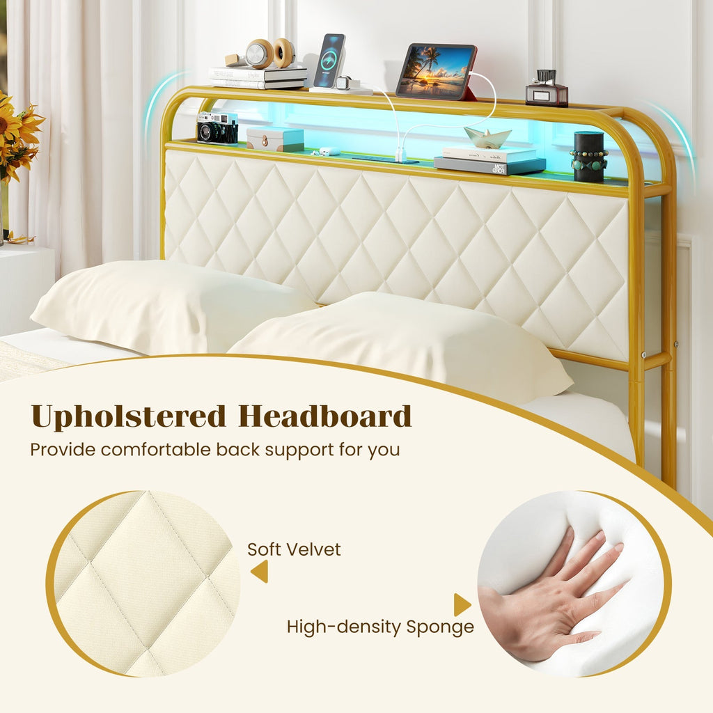 Twin/Full/Queen Size Bed Frame with LED Lights and Charging Station Gold