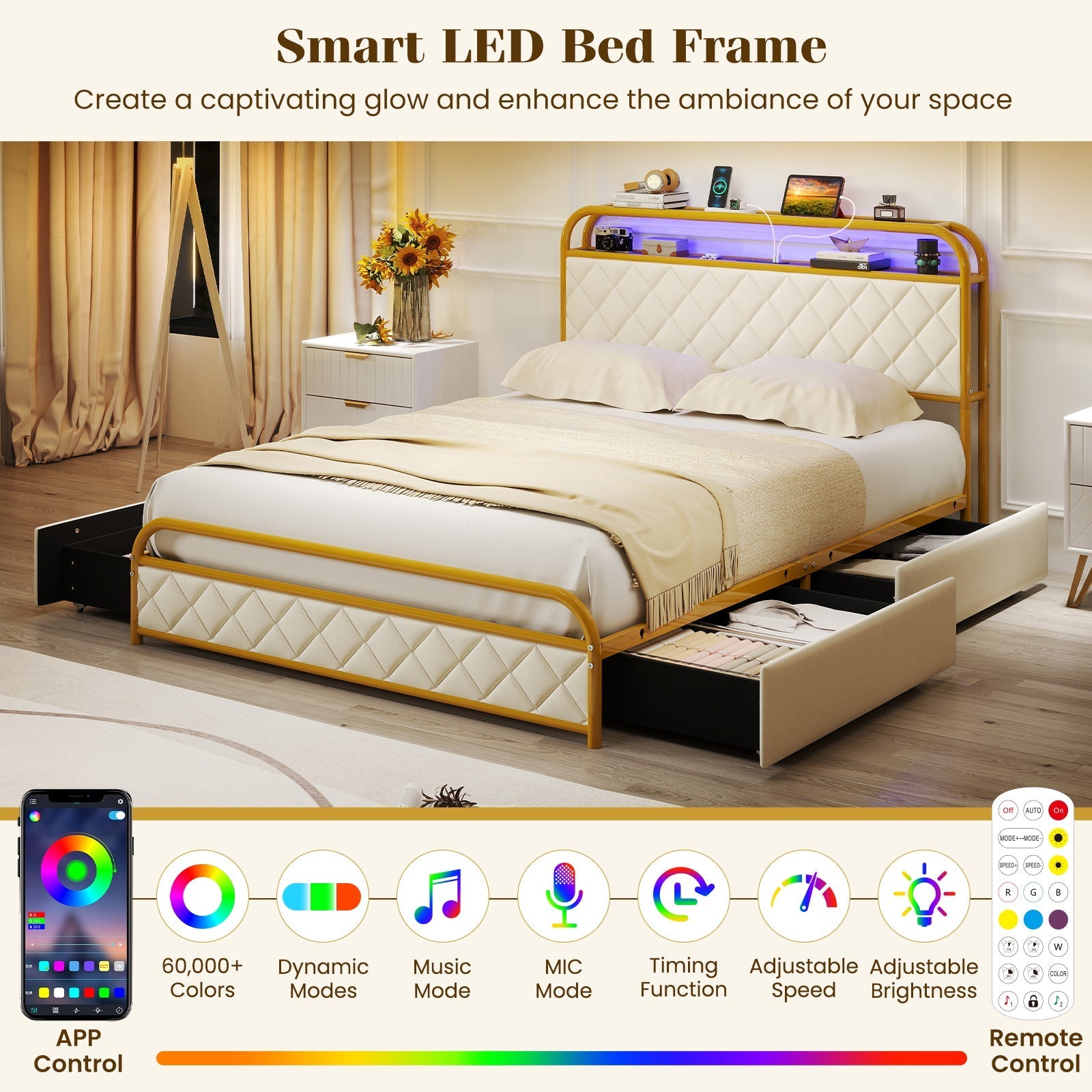 Twin/Full/Queen Size Bed Frame with LED Lights and Charging Station Gold