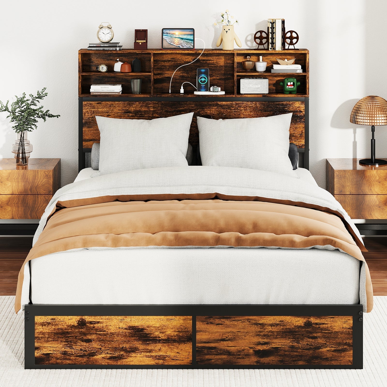 Twin/Full/Queen/King Size Bed Frame with Storage Headboard Industrial Metal Platform Bed