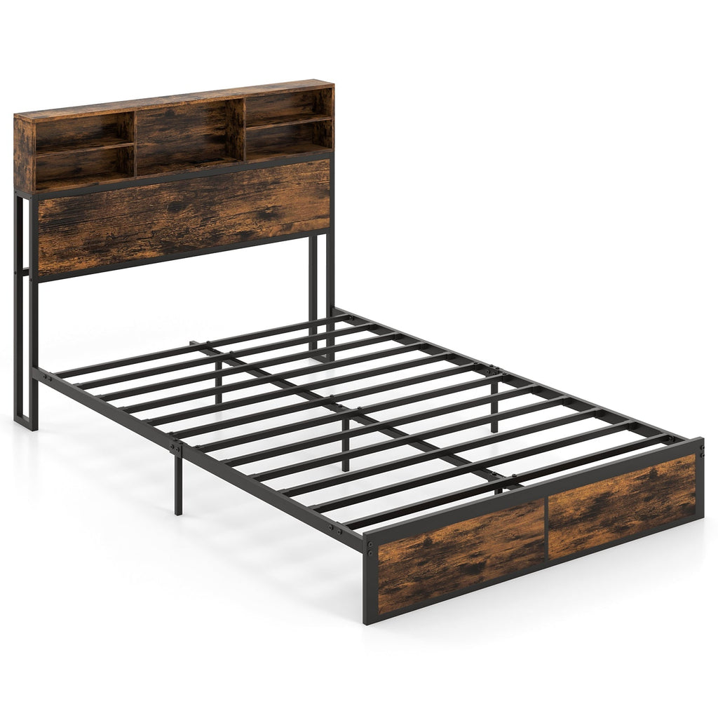 Twin/Full/Queen/King Size Bed Frame with Storage Headboard Industrial Metal Platform Bed