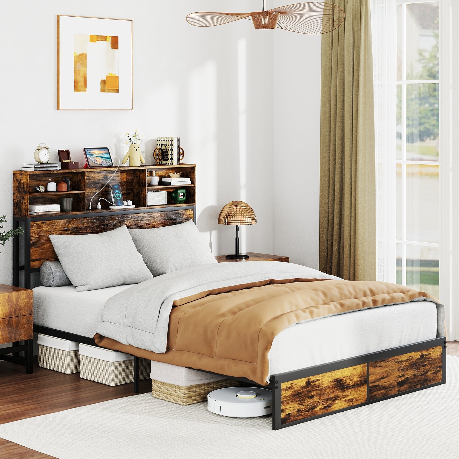 Twin/Full/Queen/King Size Bed Frame with Storage Headboard Industrial Metal Platform Bed