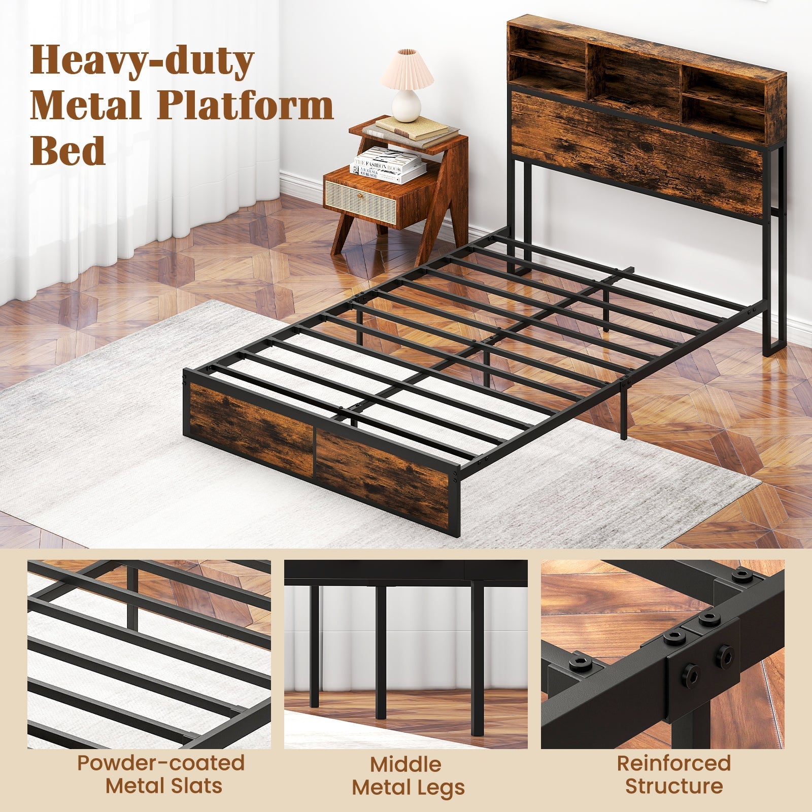 Twin/Full/Queen/King Size Bed Frame with Storage Headboard Industrial Metal Platform Bed