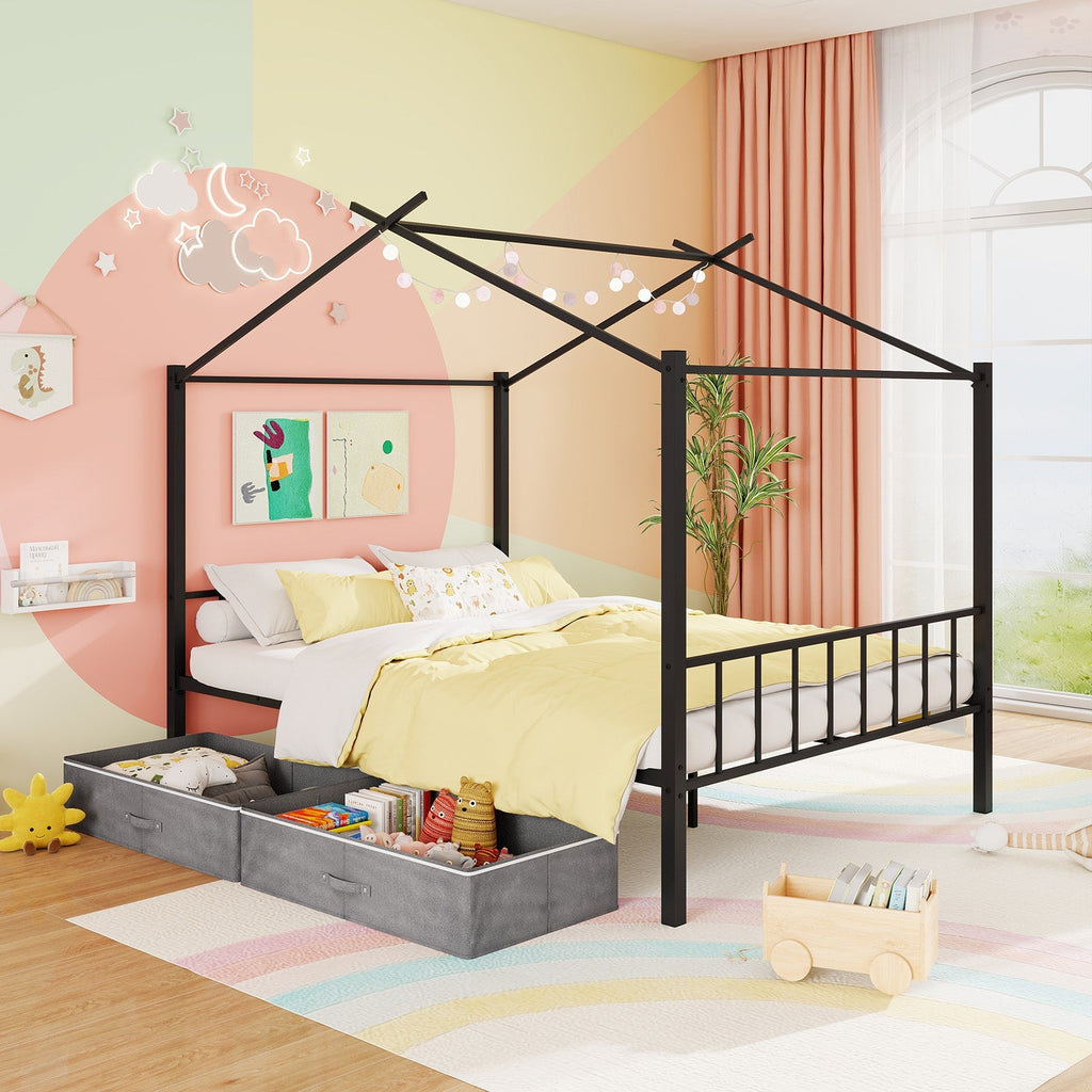 Full Size Metal House Bed with 2 Fabric Drawers for Kids