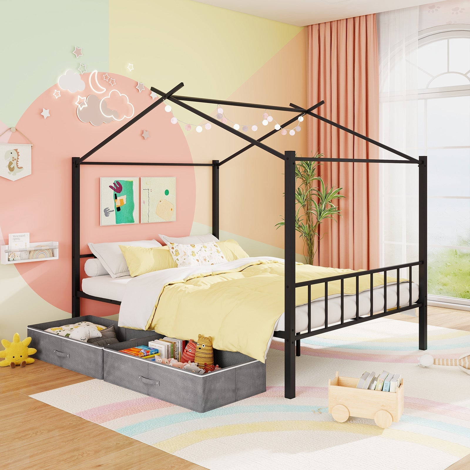Full Size Metal House Bed with 2 Fabric Drawers for Kids