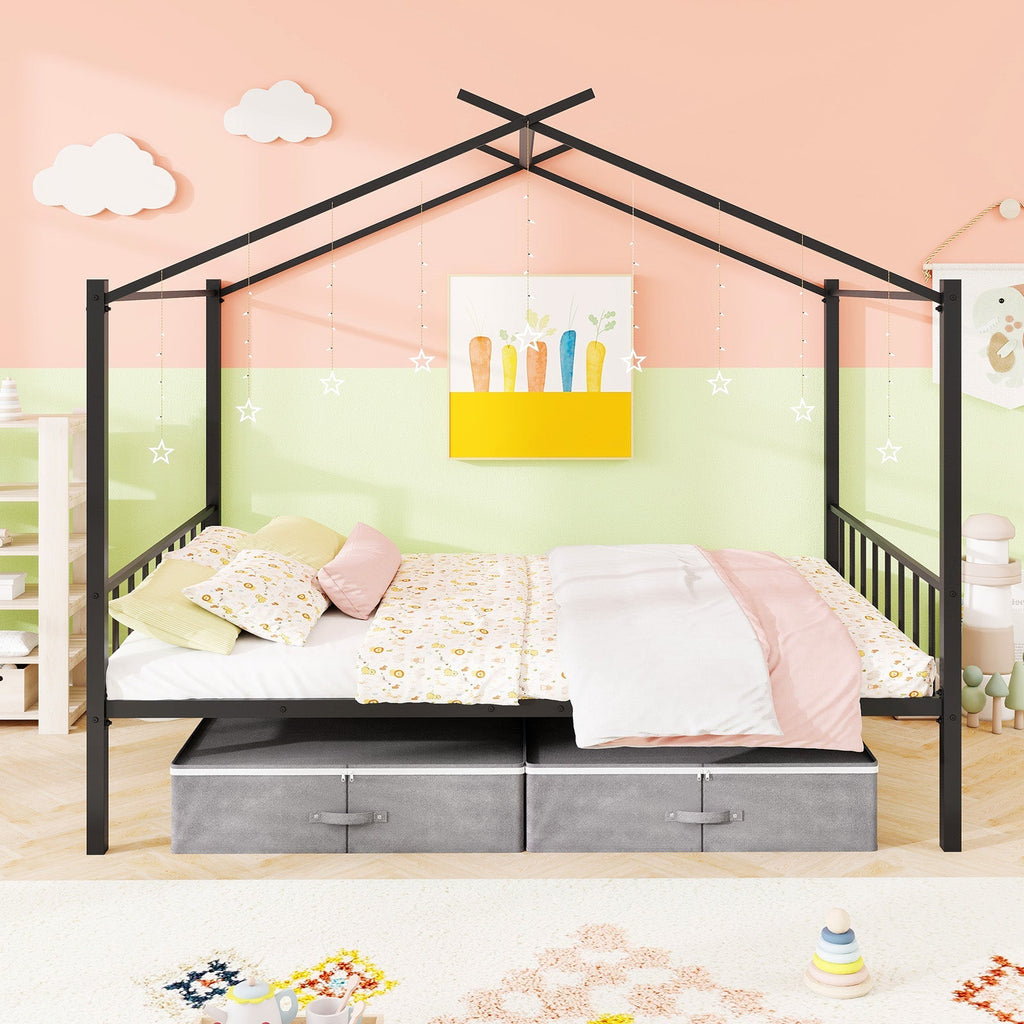 Full Size Metal House Bed with 2 Fabric Drawers for Kids