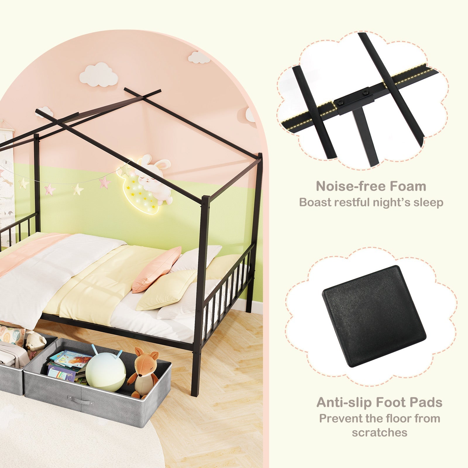 Full Size Metal House Bed with 2 Fabric Drawers for Kids