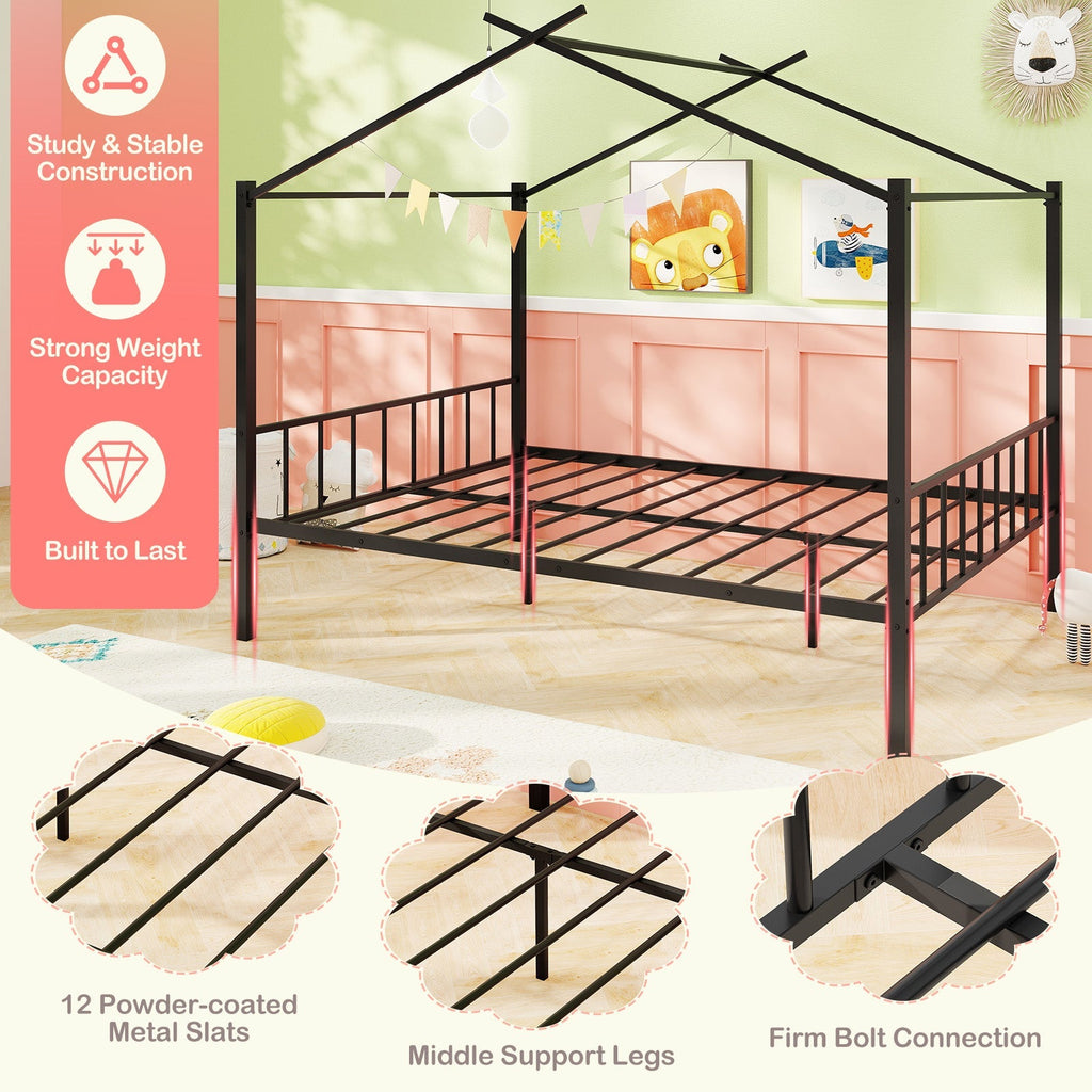 Full Size Metal House Bed with 2 Fabric Drawers for Kids