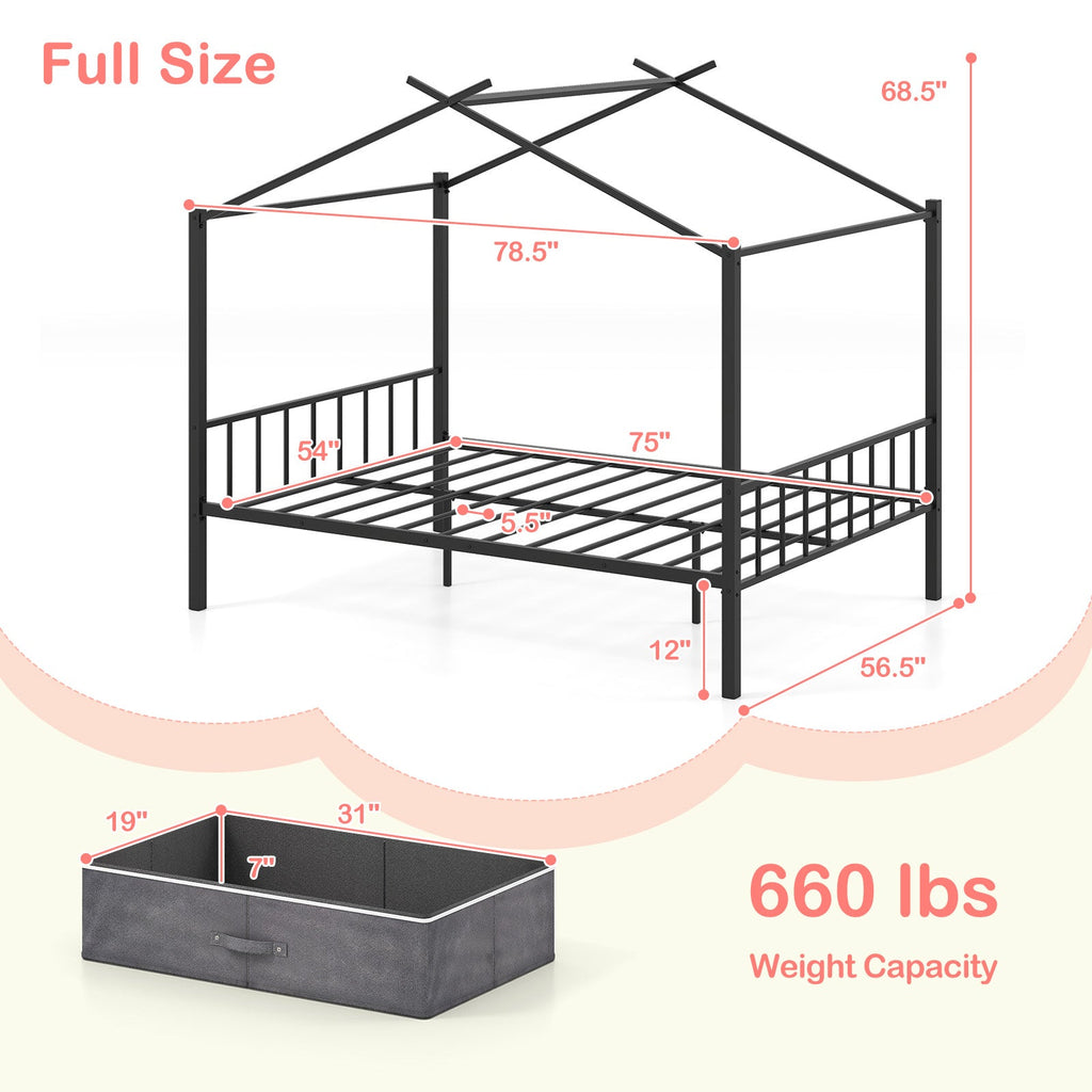 Full Size Metal House Bed with 2 Fabric Drawers for Kids