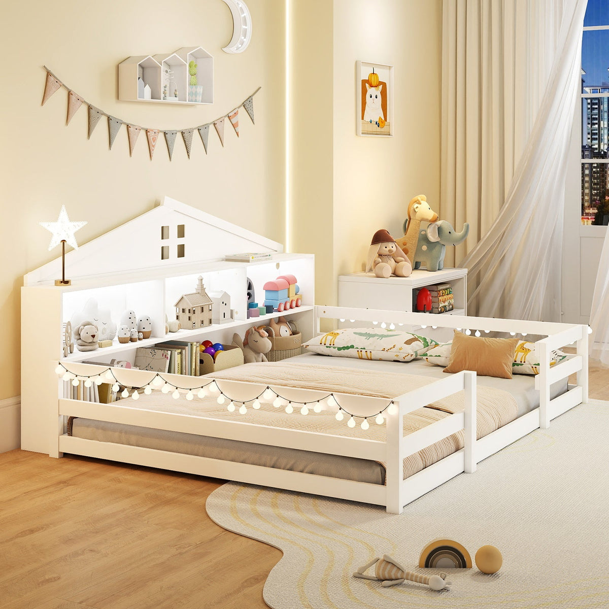 Full Size Montessori Floor Bed with Storage Compartments and Shelf