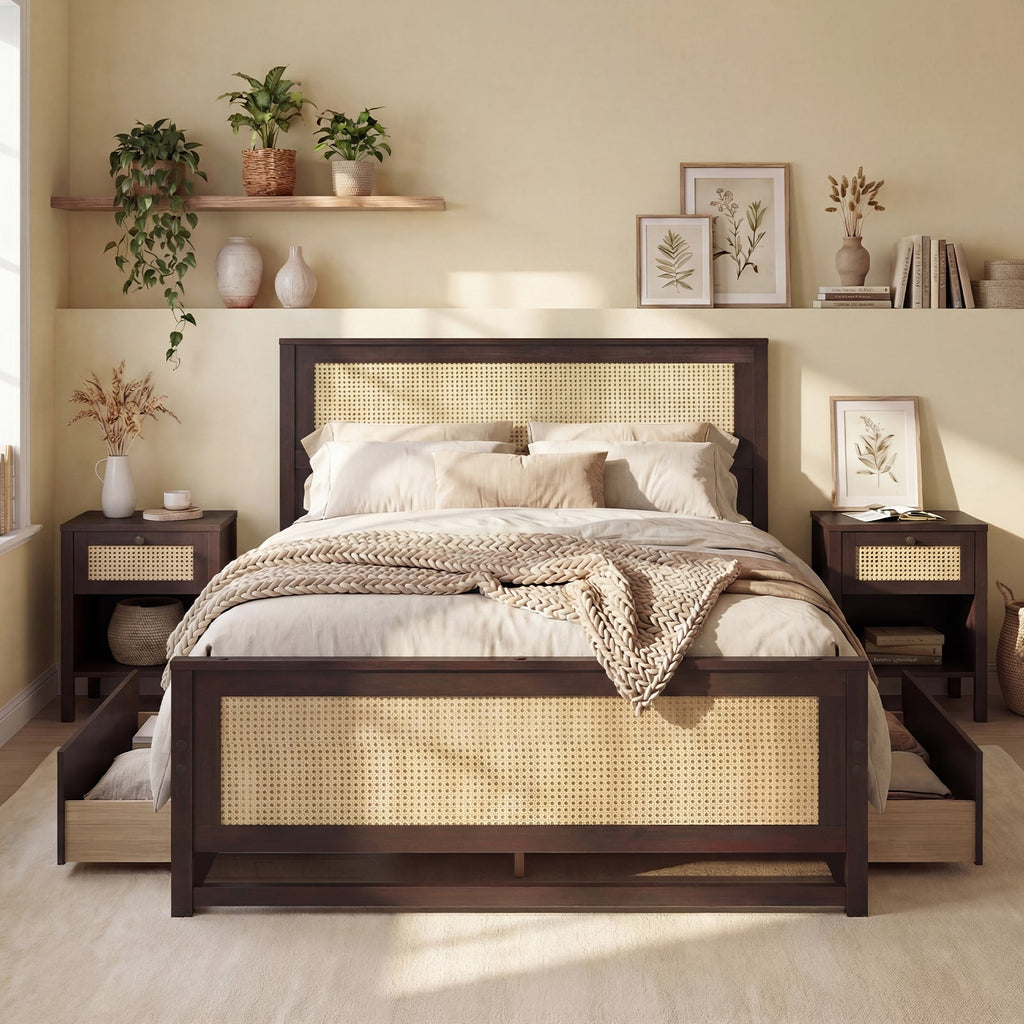 Full Size Rattan Bed Frame with Storage Drawers