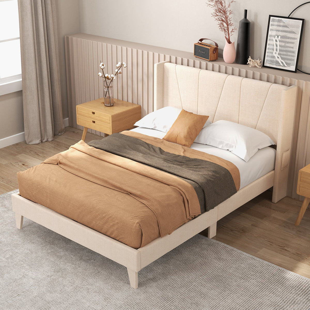 Full/Queen Size Upholstered Bed Frame with Geometric Wingback Headboard