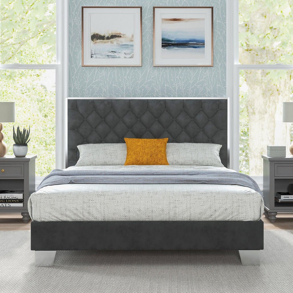 Full/Queen Size Upholstered Bed Frame with Velvet Headboard