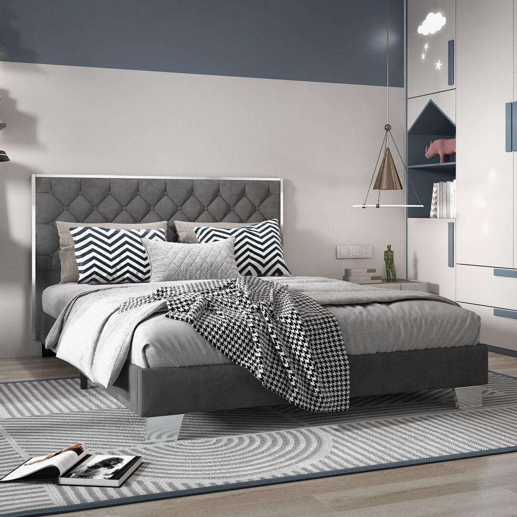 Full/Queen Size Upholstered Bed Frame with Velvet Headboard