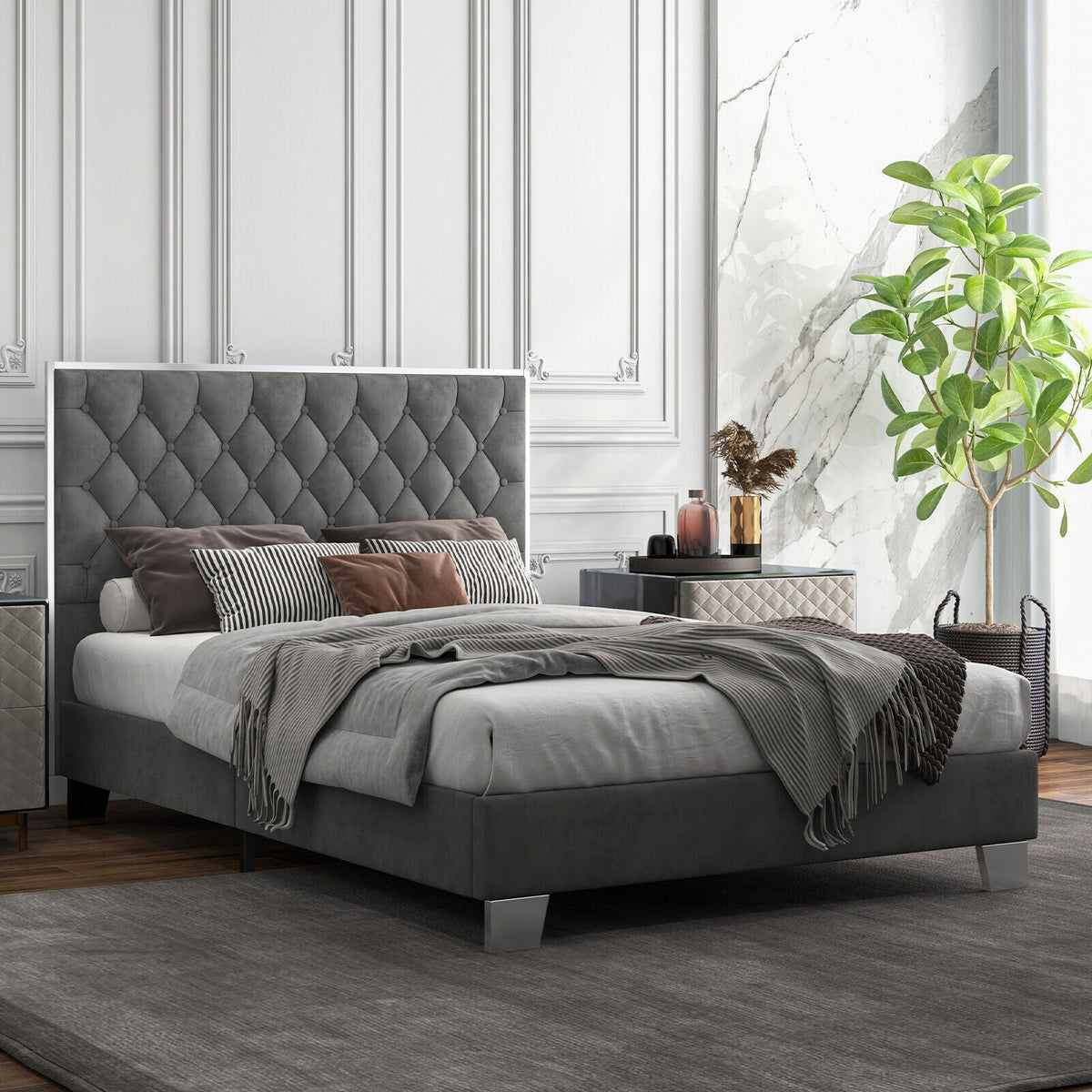 Full/Queen Size Upholstered Bed Frame with Velvet Headboard