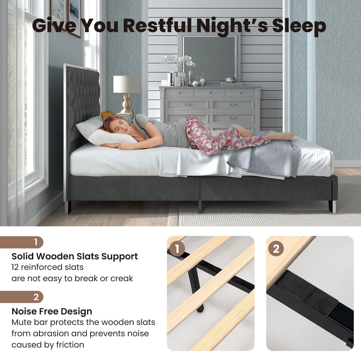 Full/Queen Size Upholstered Bed Frame with Velvet Headboard