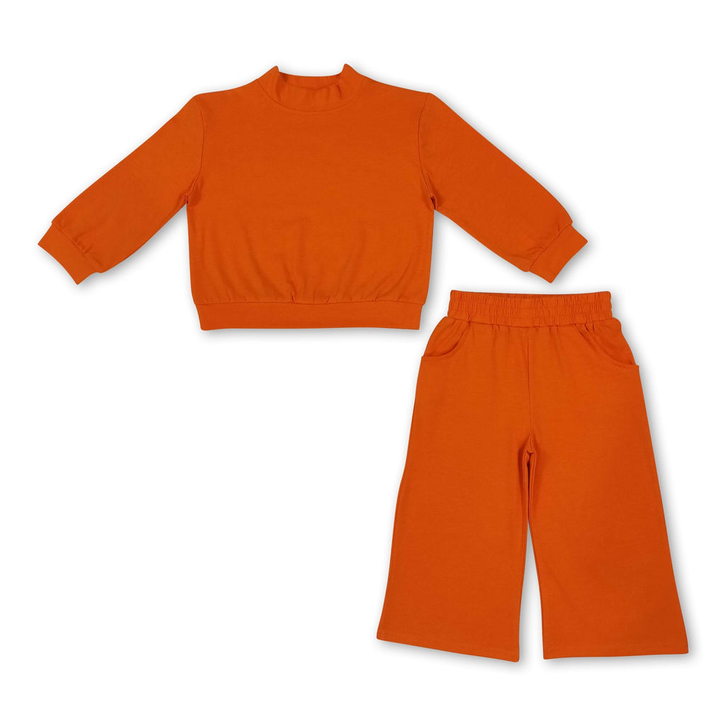 Long sleeves orange cotton top pants kids girls outfits