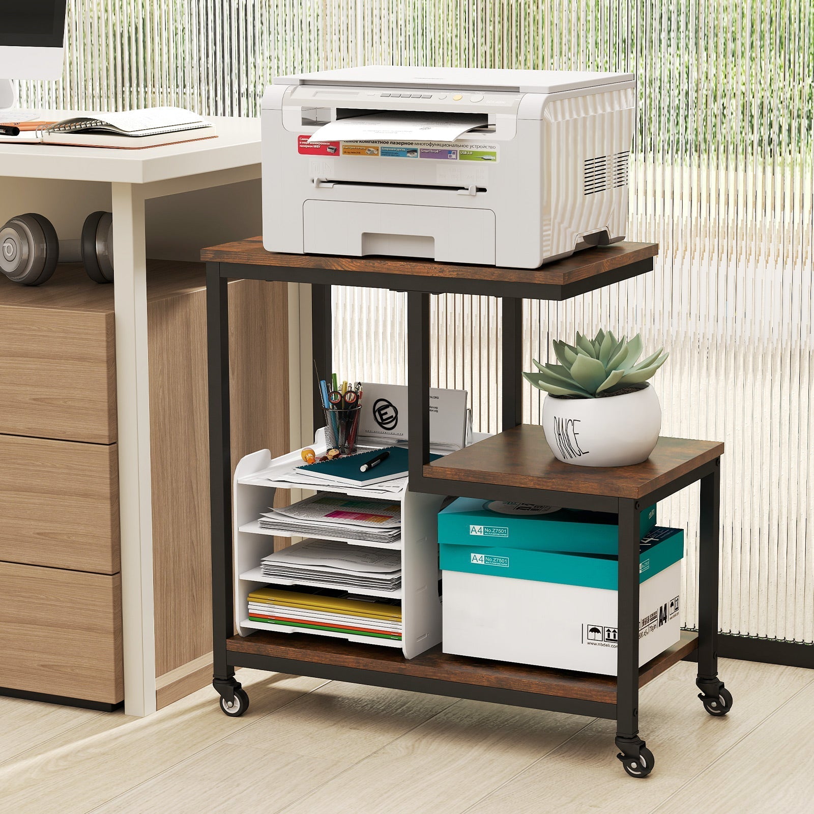 G-shaped Side Table 3-Tier Mobile End Table with Open Shelves