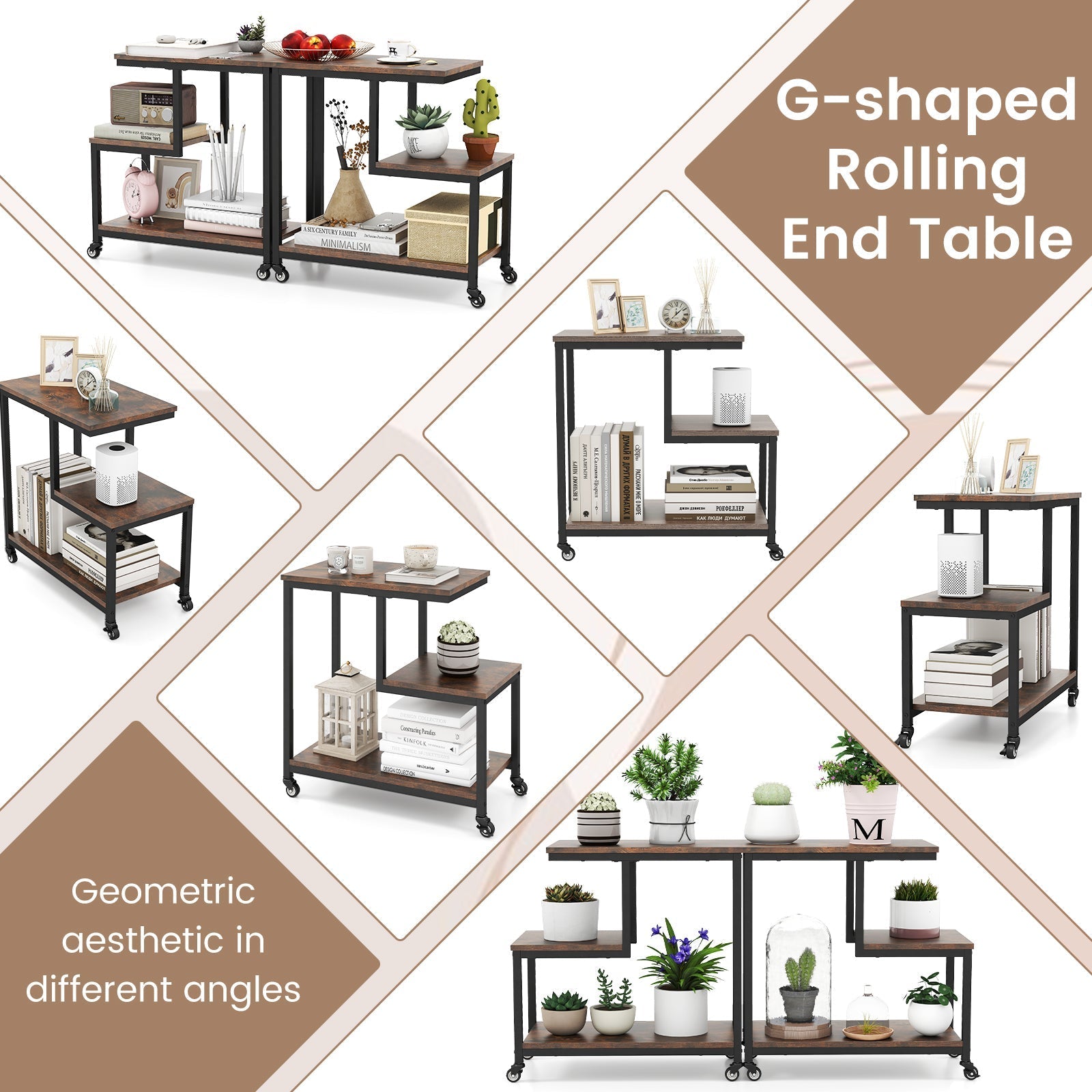 G-shaped Side Table 3-Tier Mobile End Table with Open Shelves