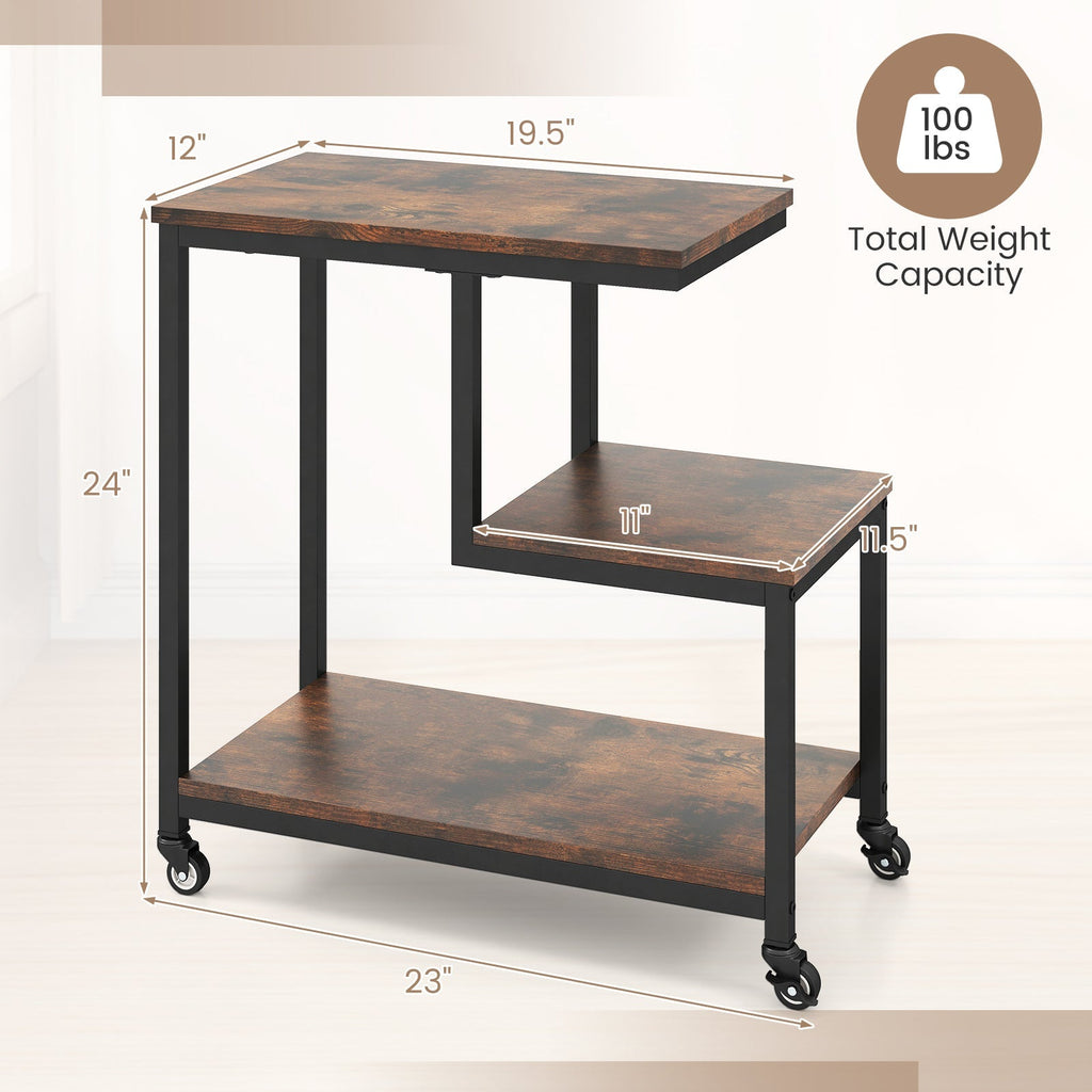 G-shaped Side Table 3-Tier Mobile End Table with Open Shelves