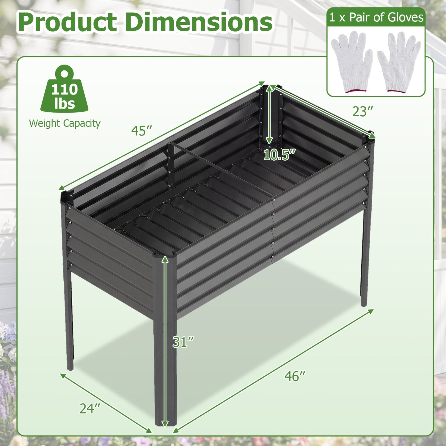Galvanized Raised Garden Bed with Legs 46" x 24" x 31" Metal Elevated Planter Box