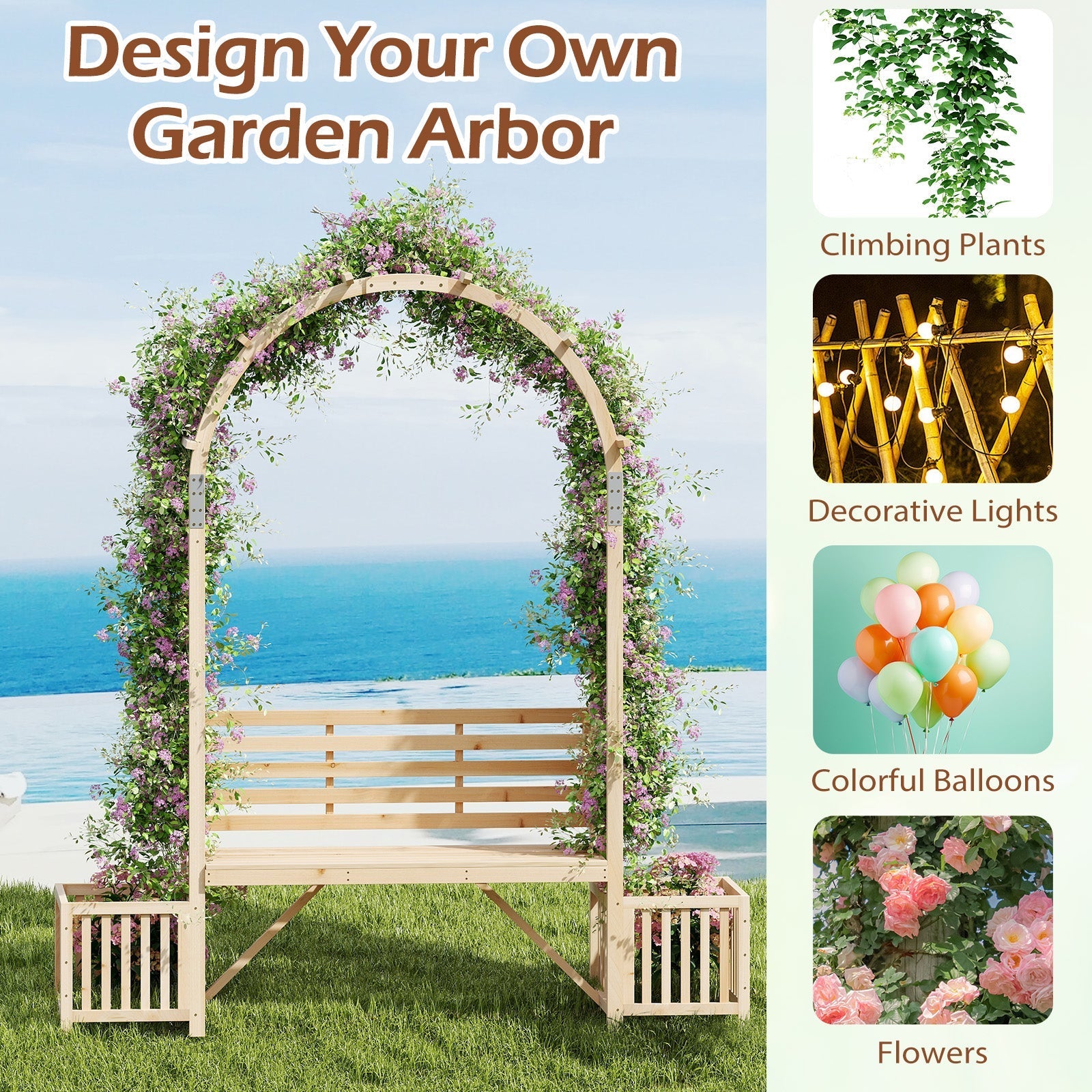 Garden Bench Arbor Arch Wooden Garden Arbor for Climbing Plants-Natural