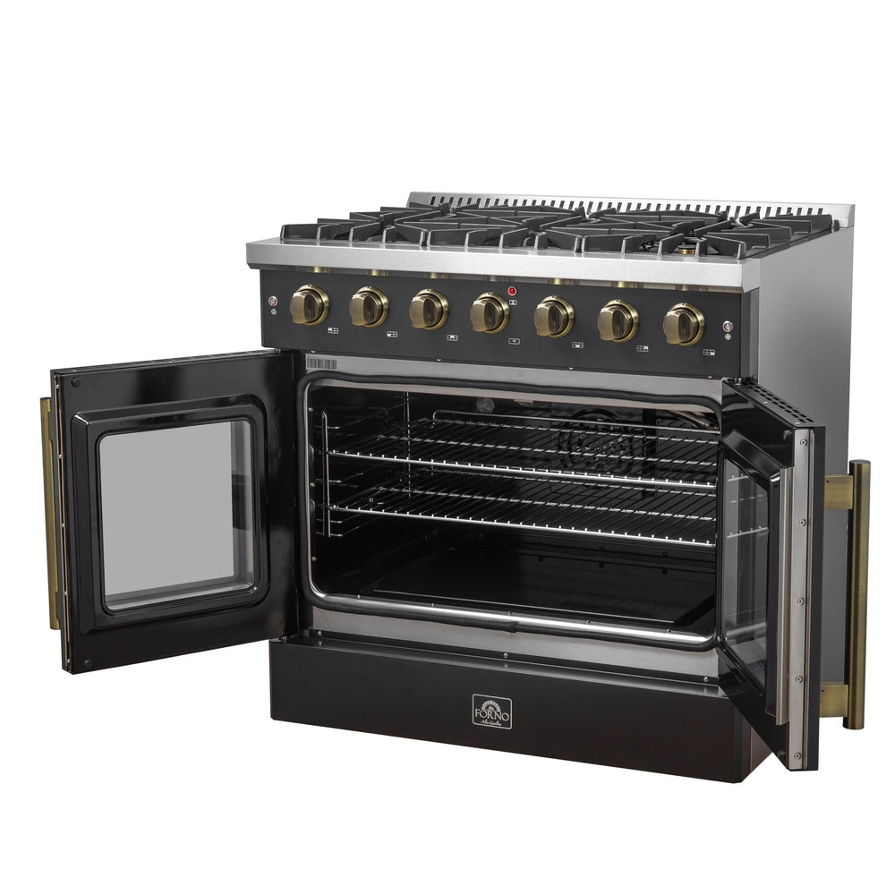 Forno Galiano 36-inch French Door Gas Range Black and Antique Brass Design, 6 Sealed Burners 83,000 BTU, 5.36 cu.ft. Convection Oven