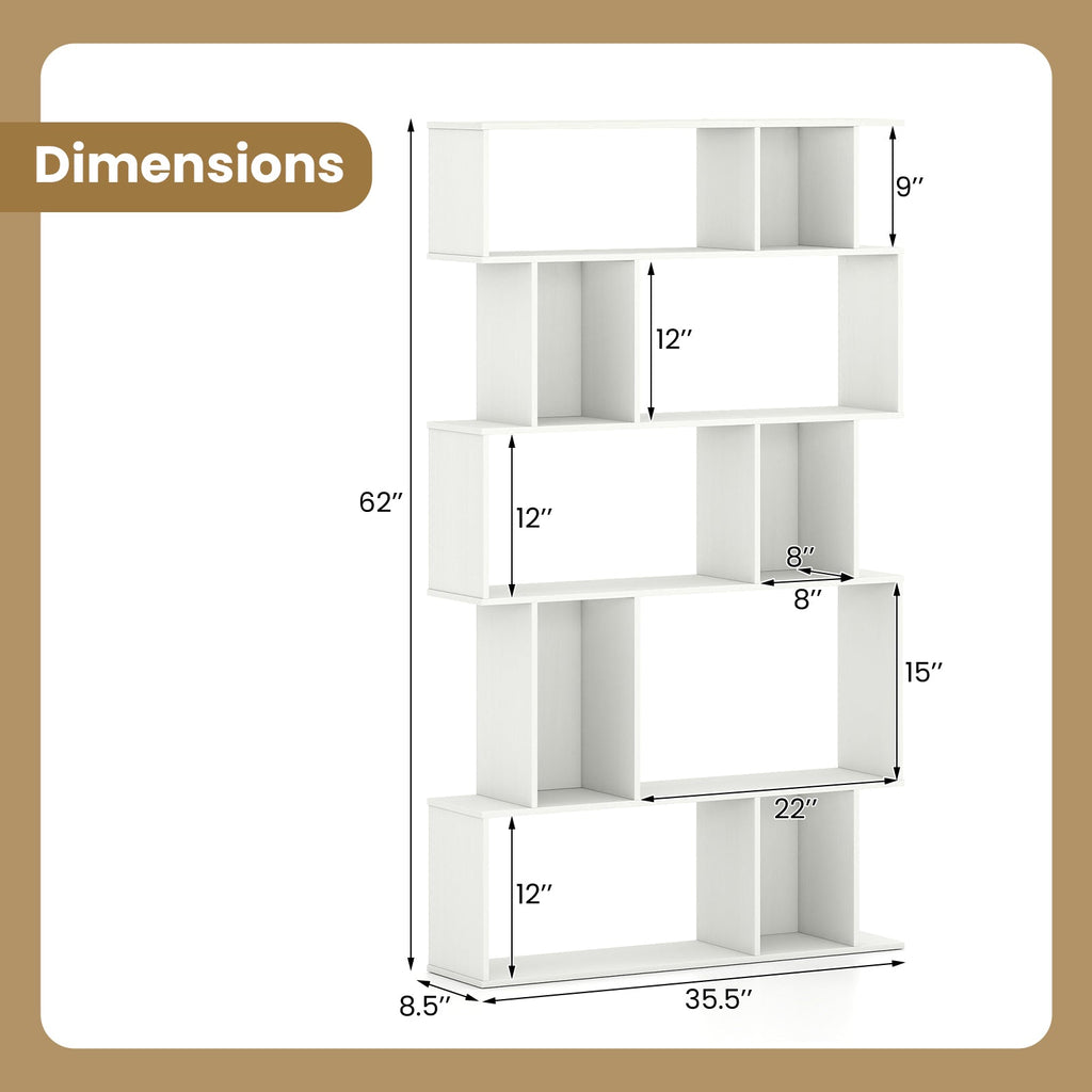 Geometric Bookshelf Set of 2 5-Tier Bookcase with Open Shelves and Closed-back Cubes