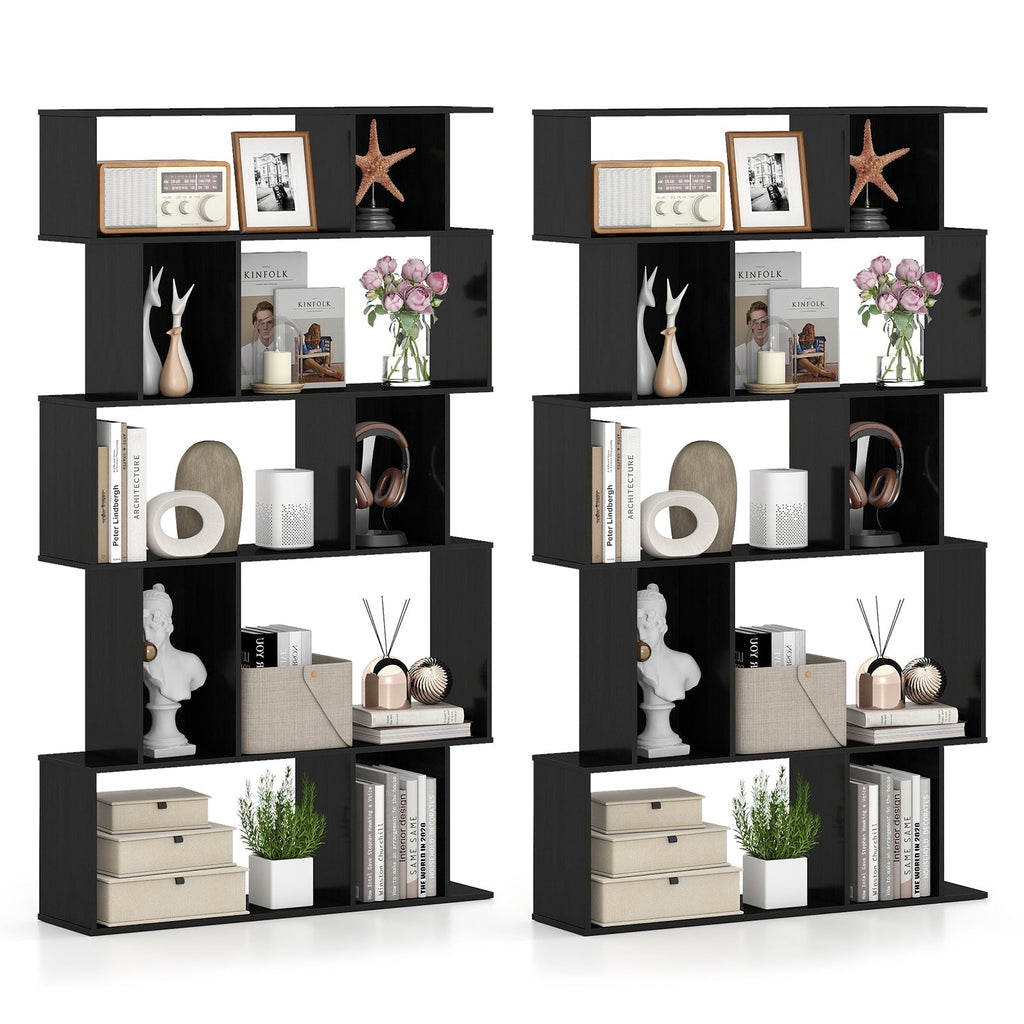 Geometric Bookshelf Set of 2 5-Tier Bookcase with Open Shelves and Closed-back Cubes