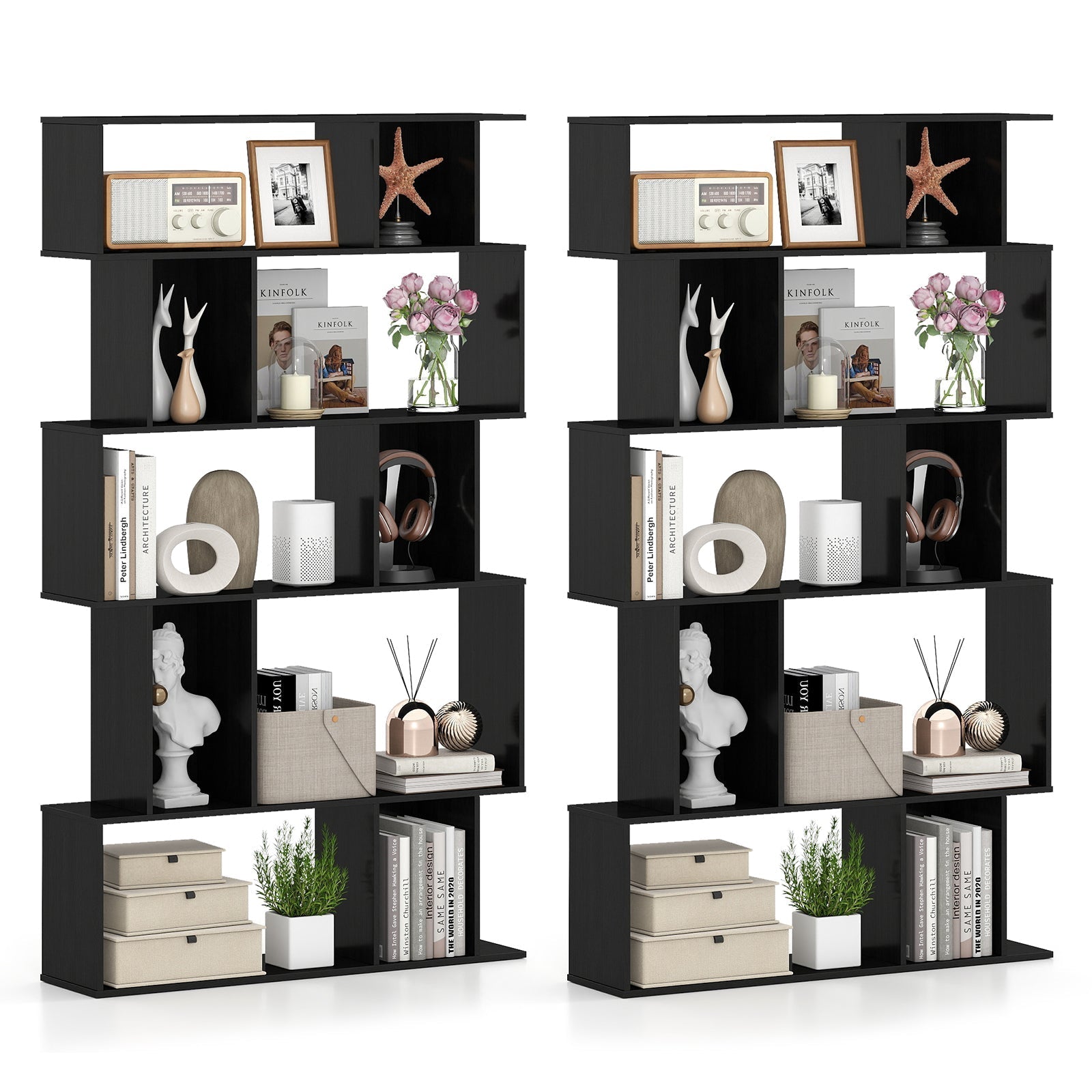 Geometric Bookshelf Set of 2 5-Tier Bookcase with Open Shelves and Closed-back Cubes