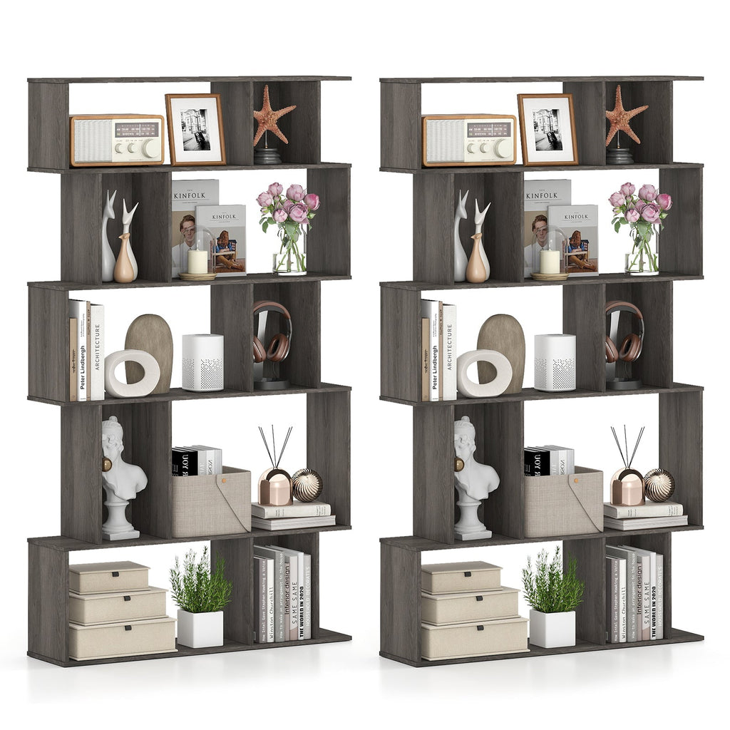 Geometric Bookshelf Set of 2 5-Tier Bookcase with Open Shelves and Closed-back Cubes