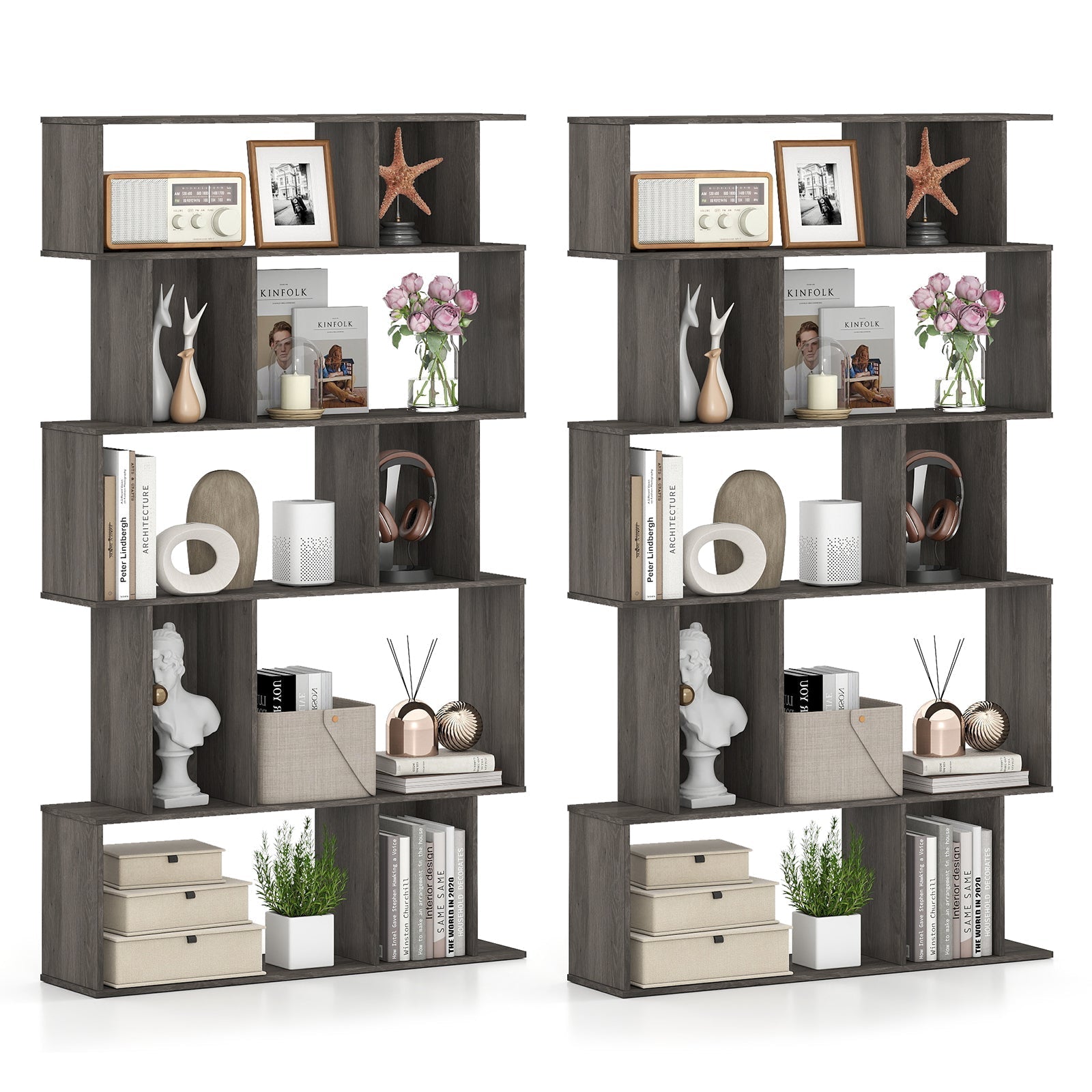Geometric Bookshelf Set of 2 5-Tier Bookcase with Open Shelves and Closed-back Cubes