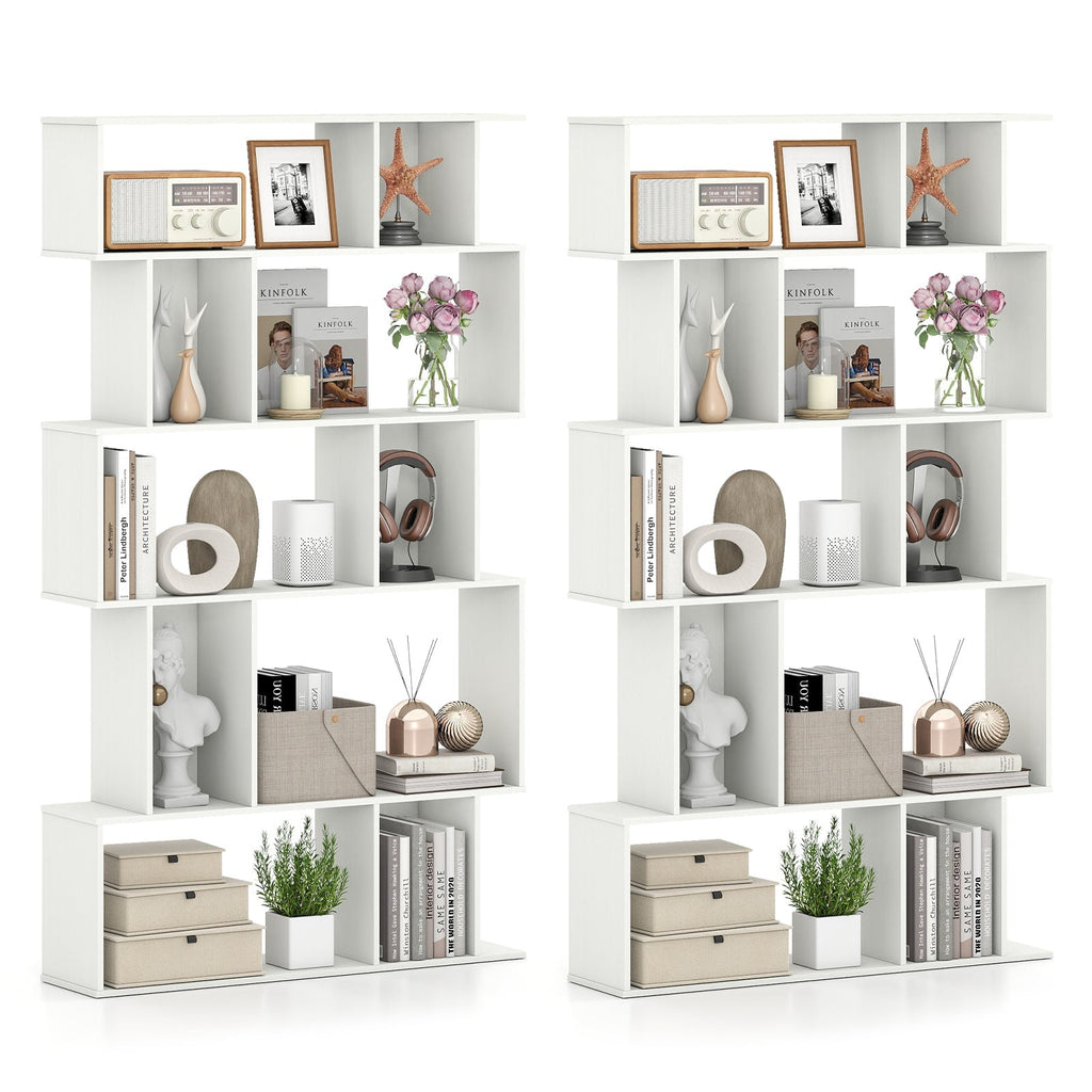 Geometric Bookshelf Set of 2 5-Tier Bookcase with Open Shelves and Closed-back Cubes