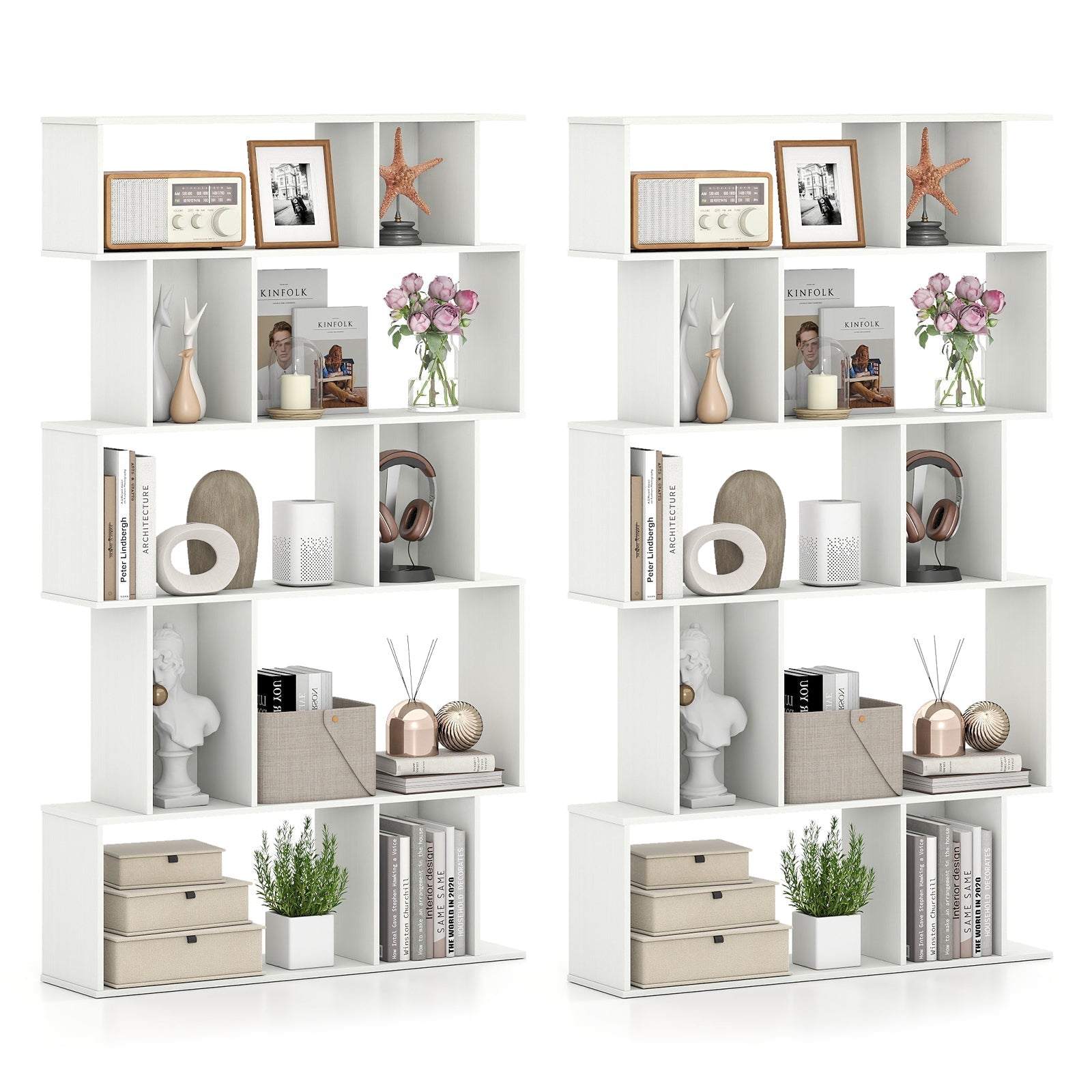 Geometric Bookshelf Set of 2 5-Tier Bookcase with Open Shelves and Closed-back Cubes