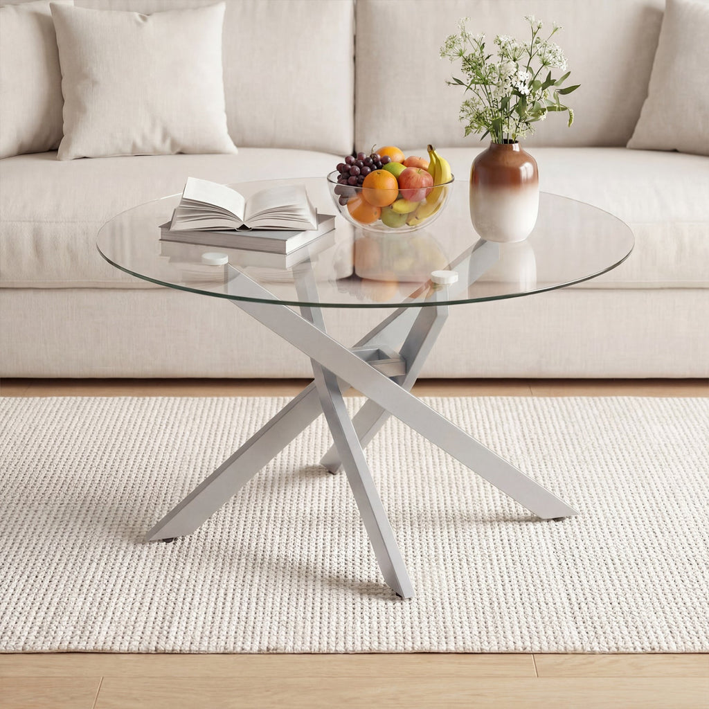 Glass Coffee Table Round Clear Center Table with Tempered Glass Top