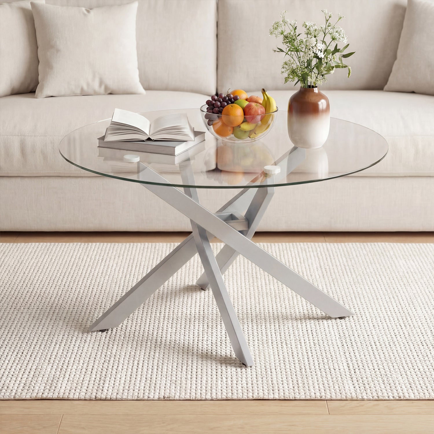 Glass Coffee Table Round Clear Center Table with Tempered Glass Top