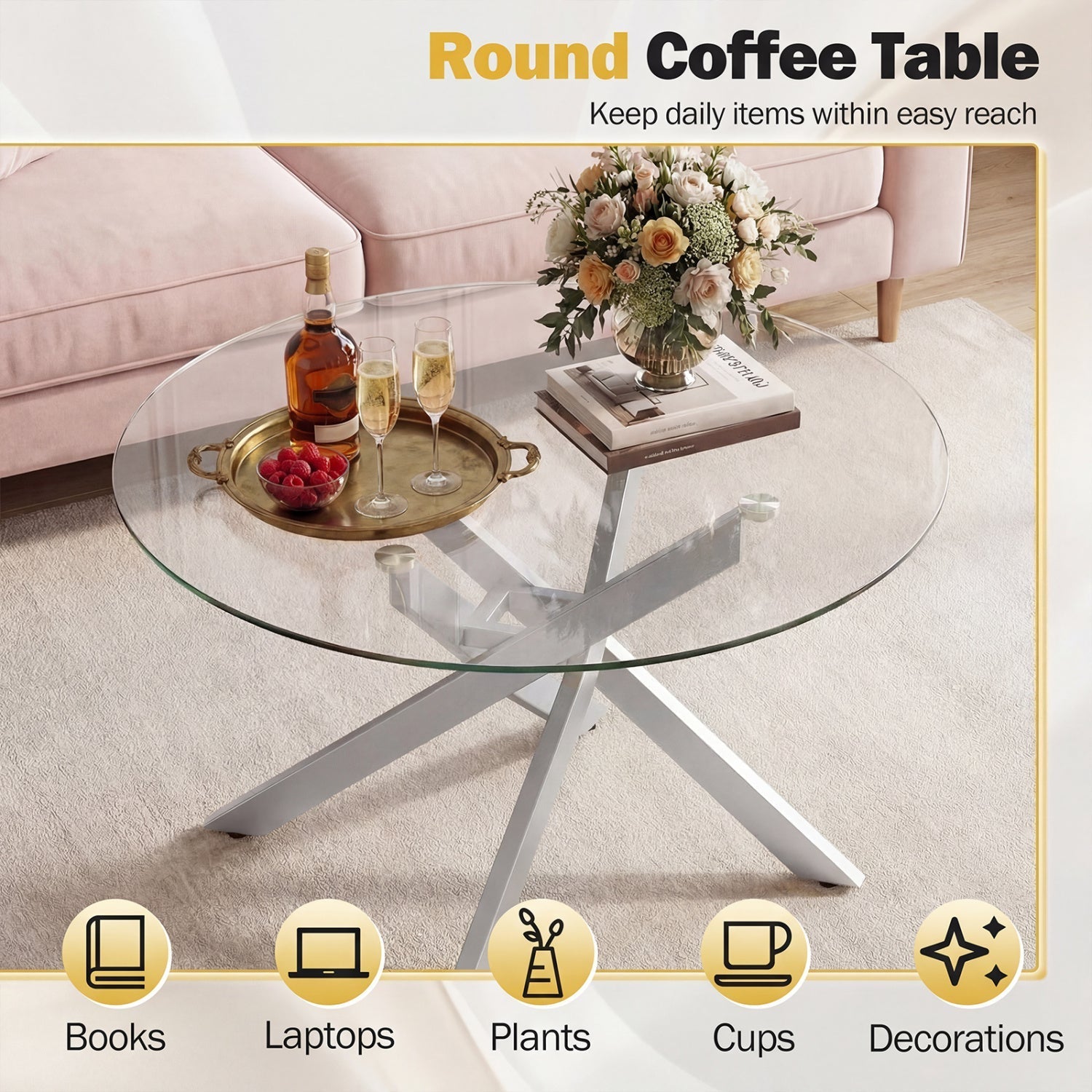 Glass Coffee Table Round Clear Center Table with Tempered Glass Top