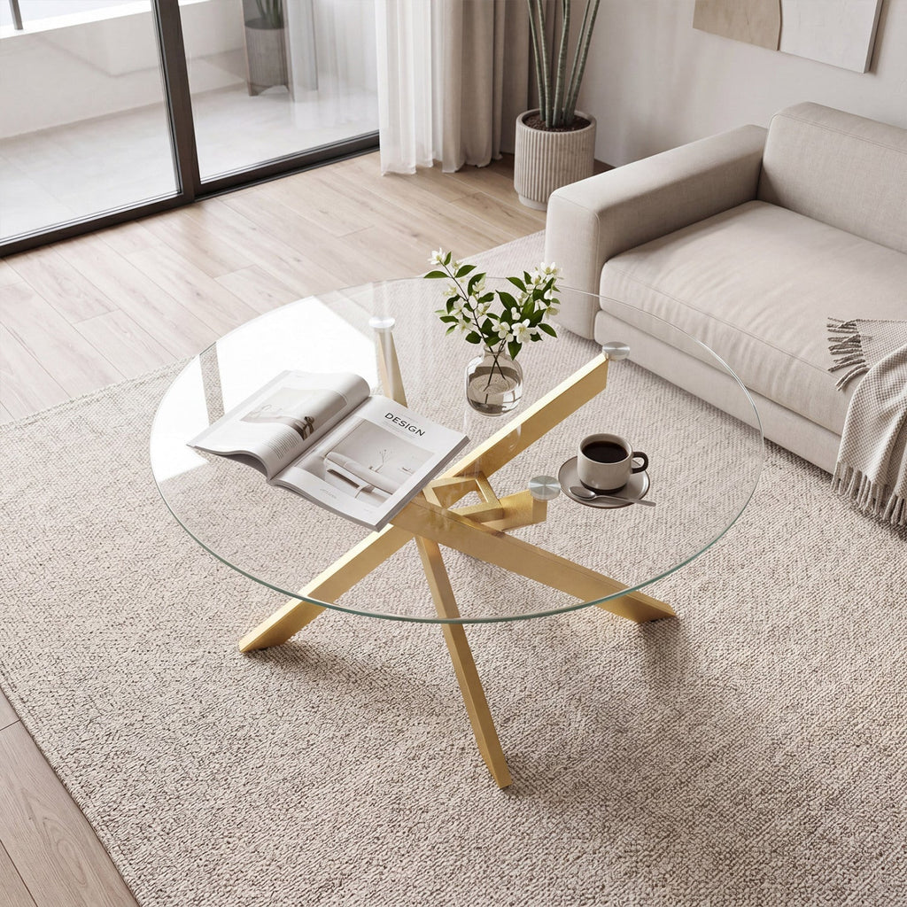 Glass Coffee Table Round Clear Center Table with Tempered Glass Top