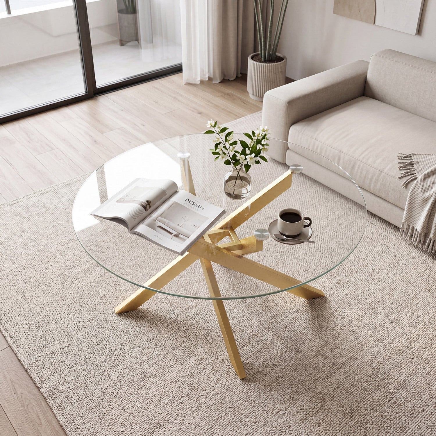 Glass Coffee Table Round Clear Center Table with Tempered Glass Top