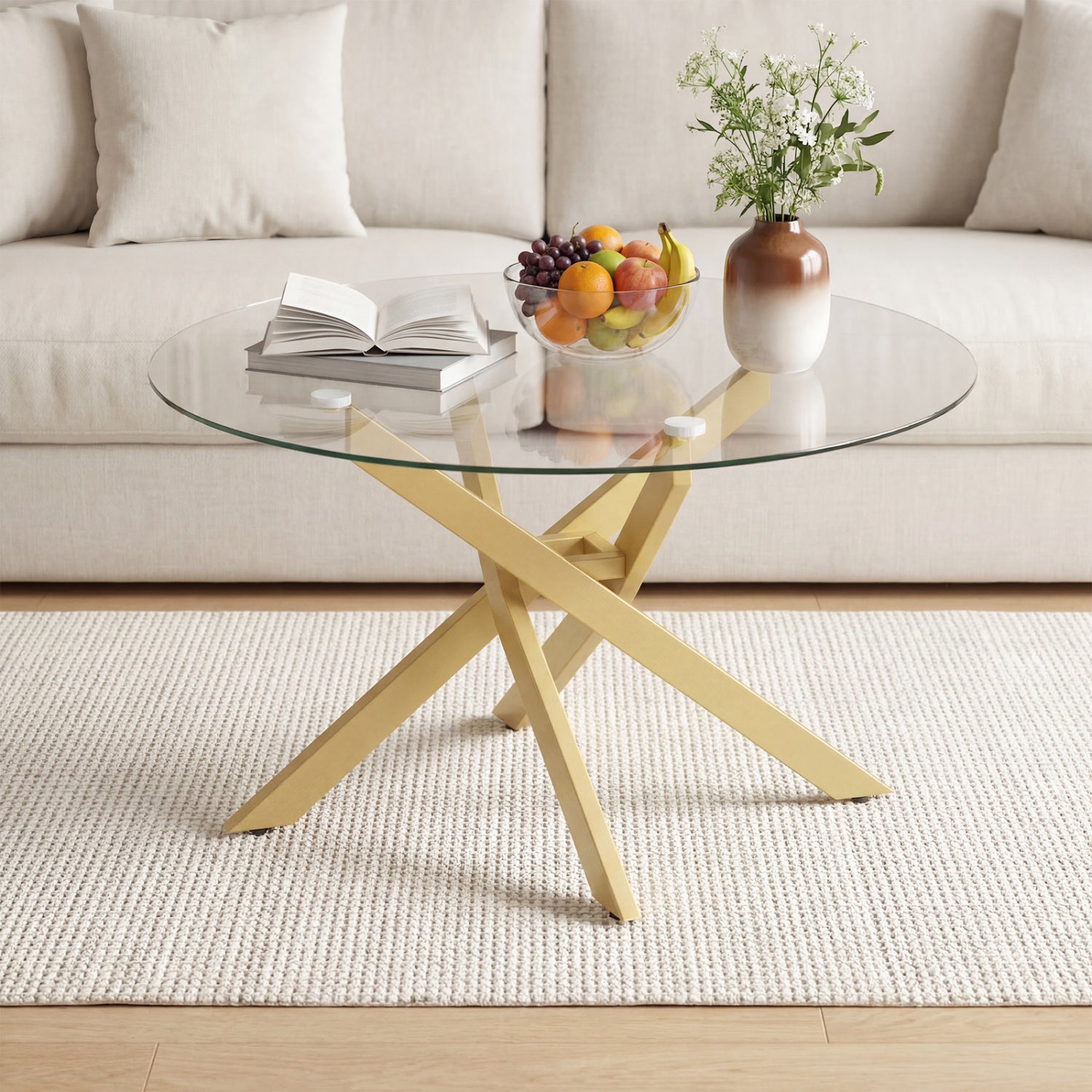 Glass Coffee Table Round Clear Center Table with Tempered Glass Top