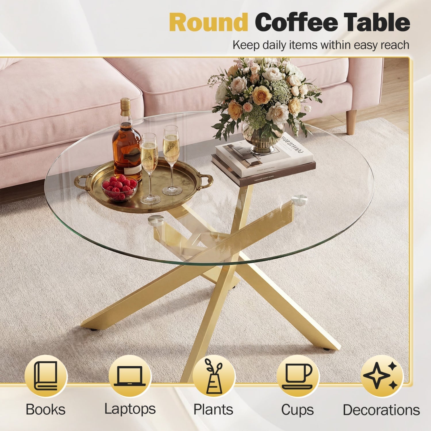 Glass Coffee Table Round Clear Center Table with Tempered Glass Top