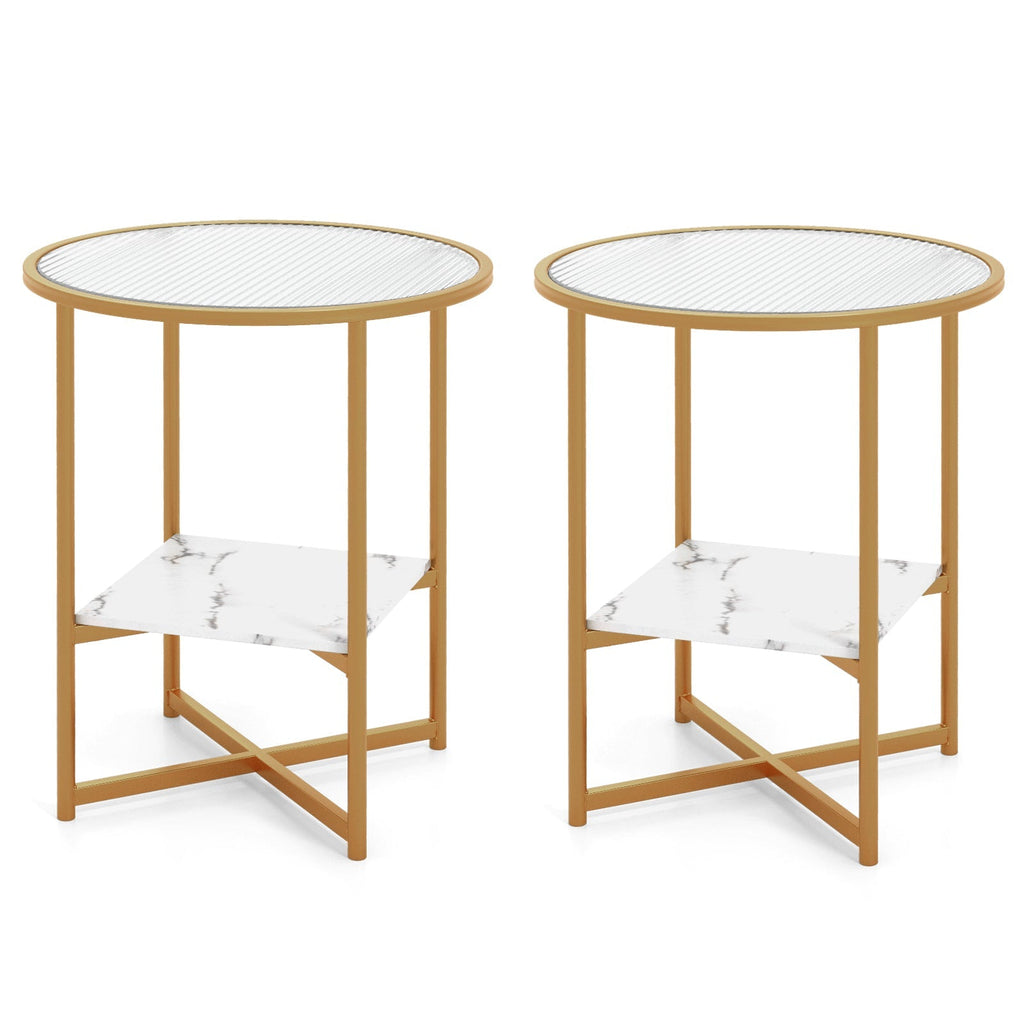 2-Tier Glass End Table Set of 2 with Faux Marble Storage Shelf-White