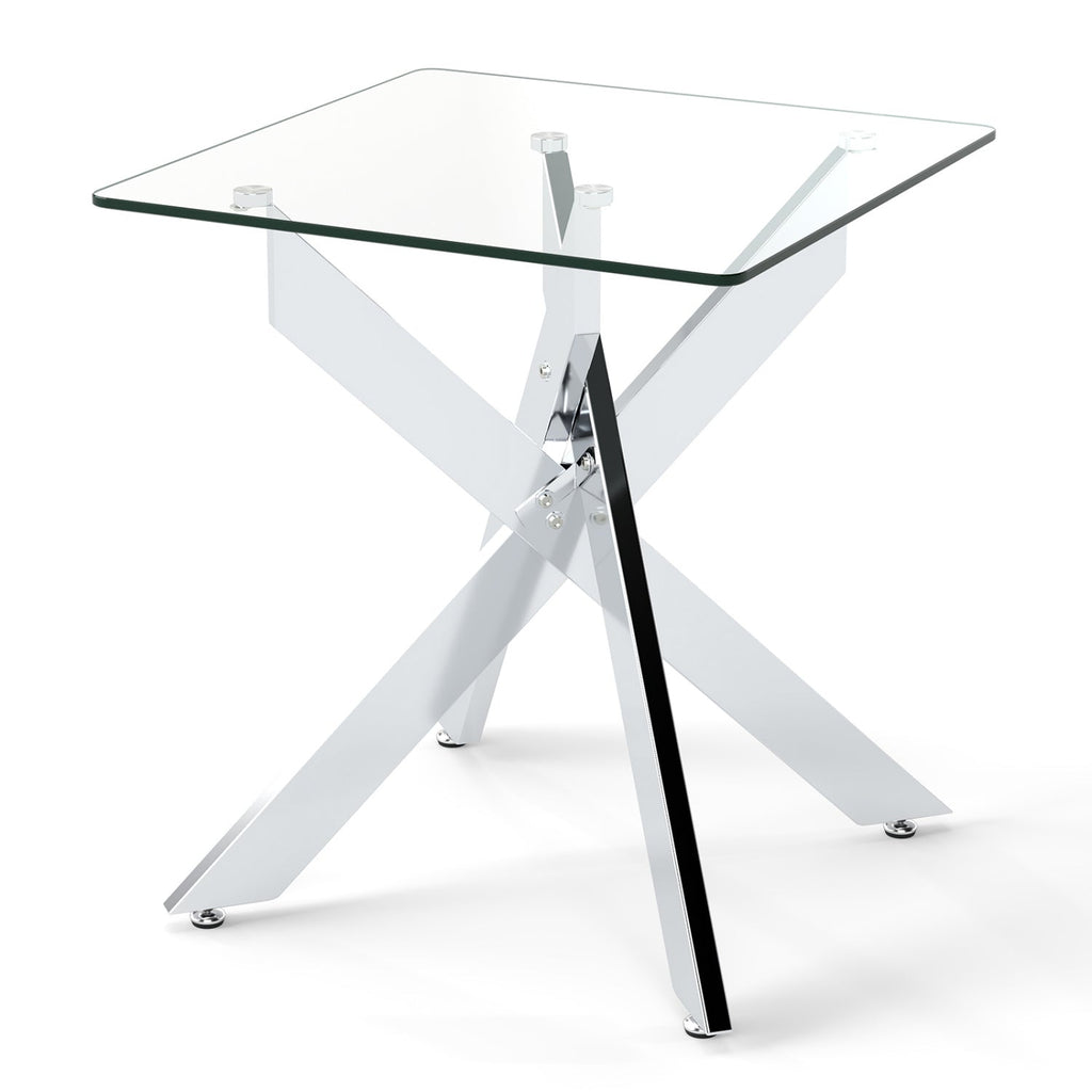 Glass Side Table Square End Table with Tempered Glass Top and Metal X Base-Silver